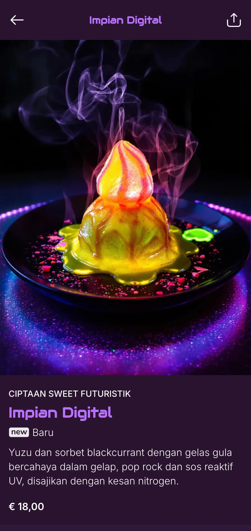 Menu gabungan sushi ultra-moden dengan aksen neon ungu terang dengan latar belakang yang mendalam untuk tempat hiburan malam yang bergaya.
