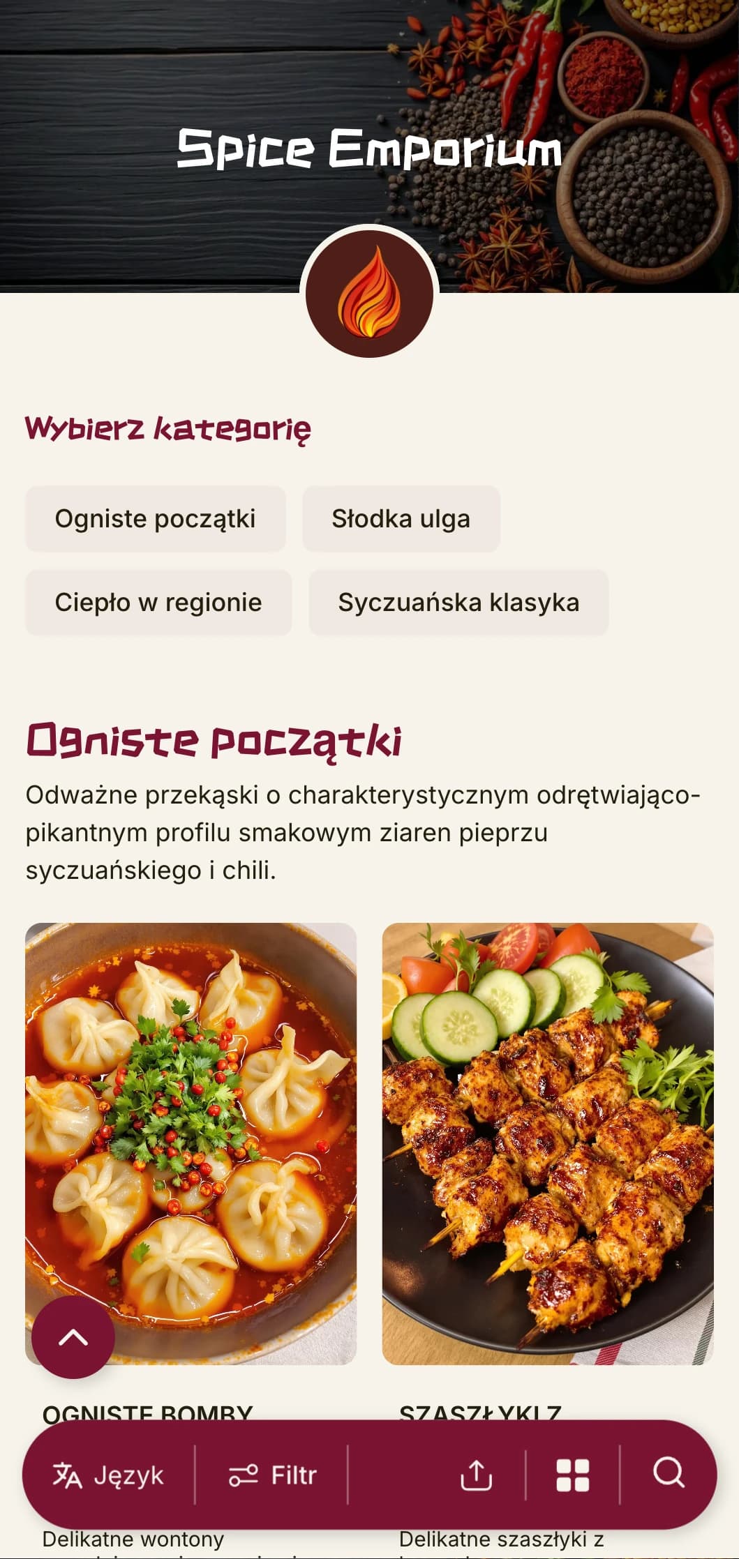 Żywe chińskie menu inspirowane tradycjami przypraw Syczuan i Hunan, z odważnymi kolorami autentycznej kuchni regionalnej.