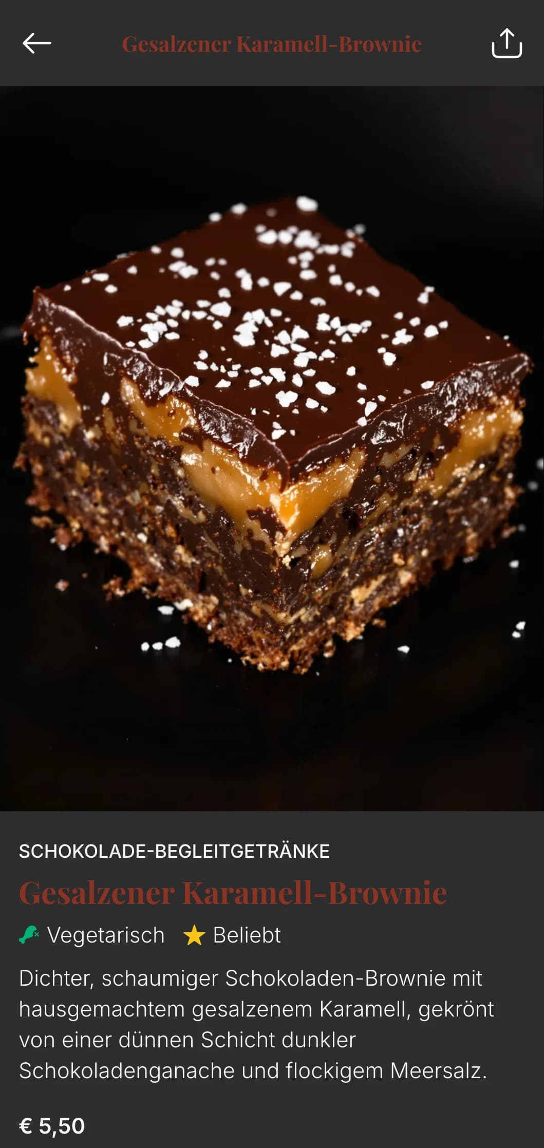 Ein reichhaltiges, genussvolles Bäckerei-Menü-Design mit tiefen Schokoladentönen und luxuriöser Typografie, ideal für Bäckereien und Dessertshops, die sich auf Schokolade konzentrieren.