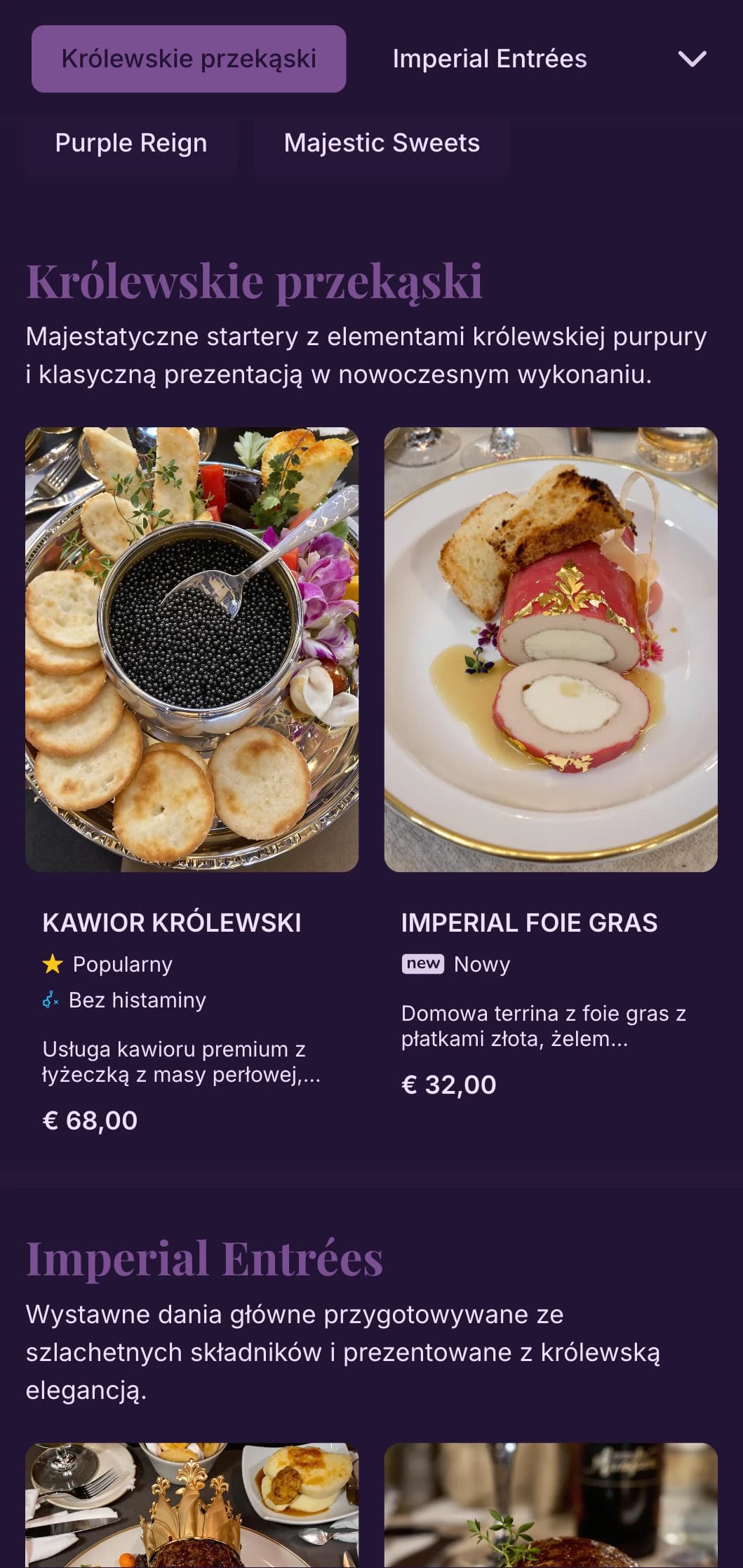 Majestatyczna koncepcja jadalni z królewskimi odcieniami fioletu i współczesnymi luksusowymi elementami zapewniającymi szlachetne doznania.