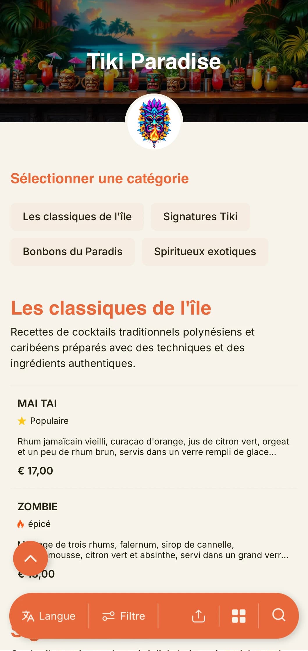 Un design exotique et vibrant pour les bars tiki et les salons de cocktails tropicaux, avec une typographie ludique et des couleurs chaudes.