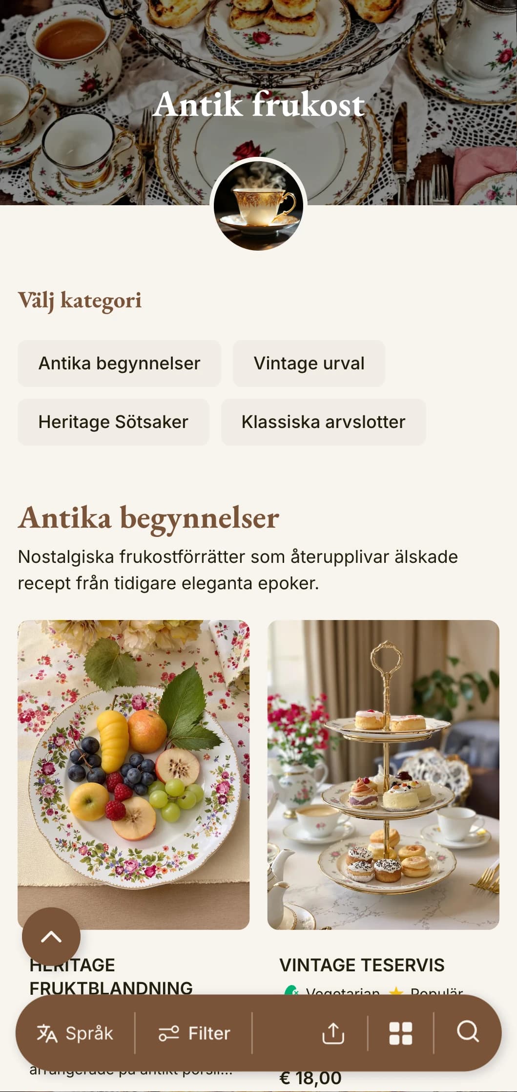 Nostalgiska morgonsmaker inspirerade av gamla recept, presenterade med vintage charm och klassisk elegans.