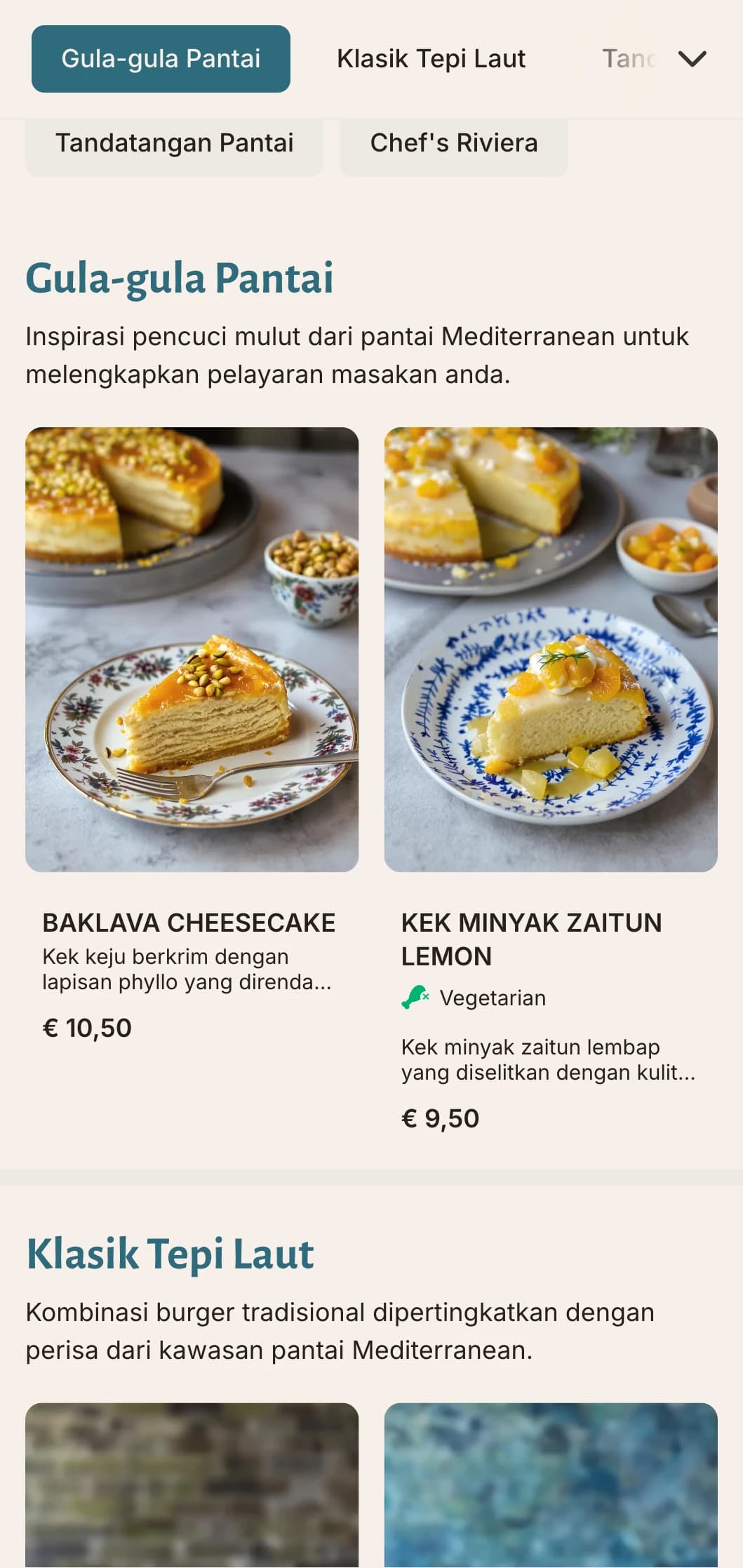 Menu burger berinspirasikan pantai dengan aksen biru Mediterranean dan fokus ramuan segar.