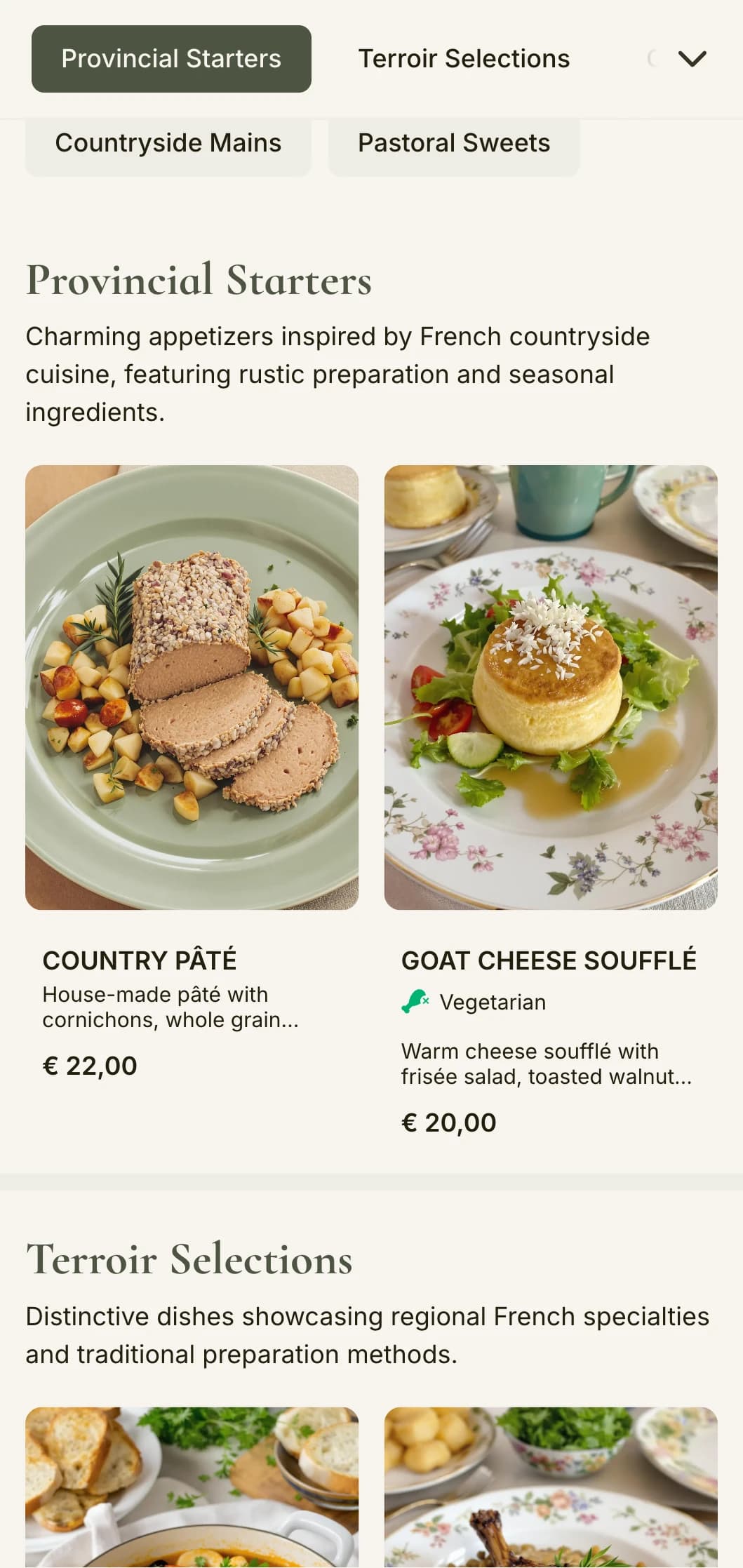 A charming dinner menu inspired by French countryside aesthetics, featuring sage green tones and rustic elegance.