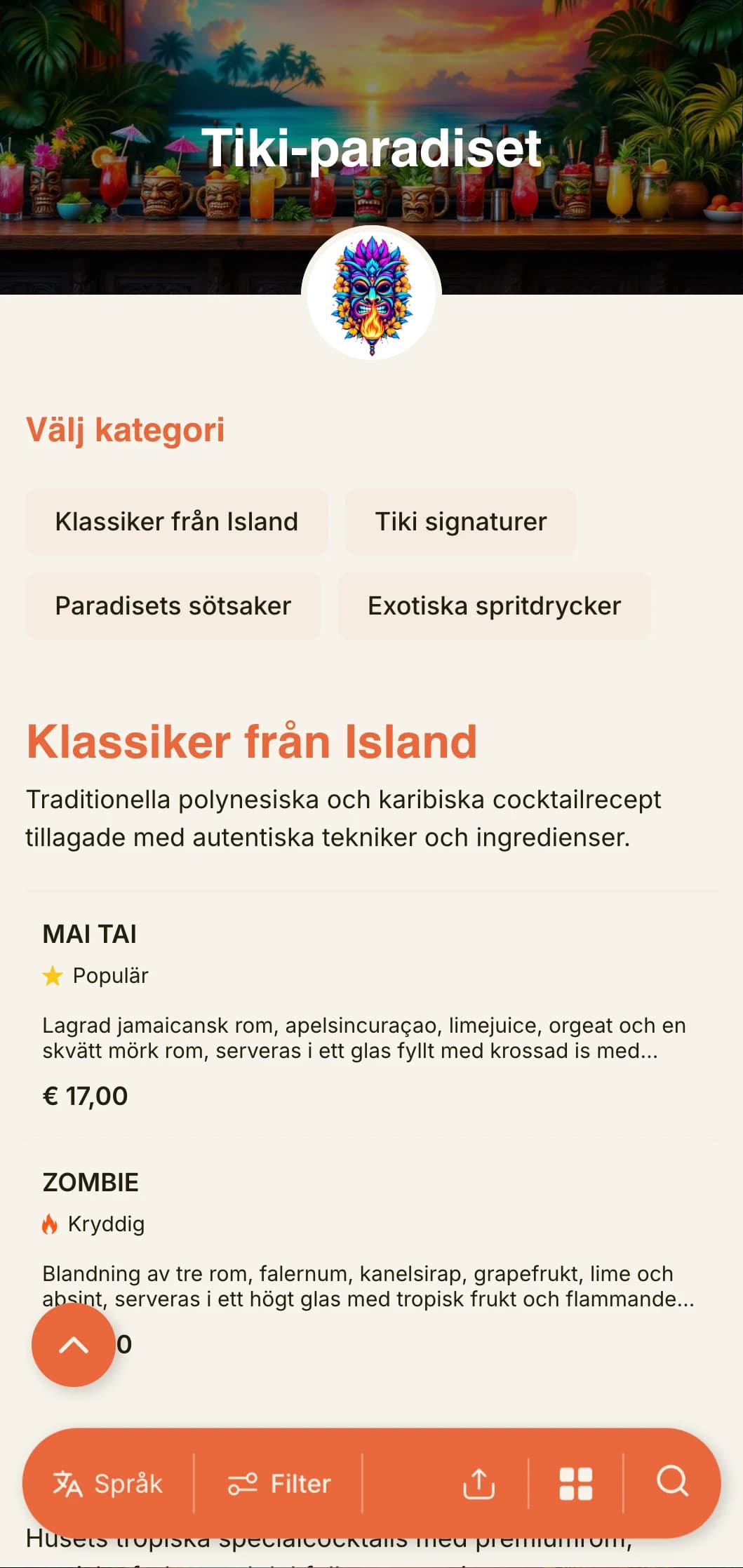 En exotisk, livfull design för tikibarer och tropiska cocktailbarer med lekfull typografi och varma färger.
