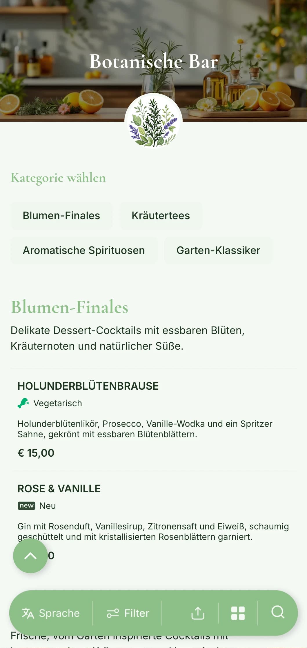 Ein frisches, garteninspiriertes Menüdesign für Bars, die sich auf Kräuter- und Pflanzencocktails spezialisiert haben.