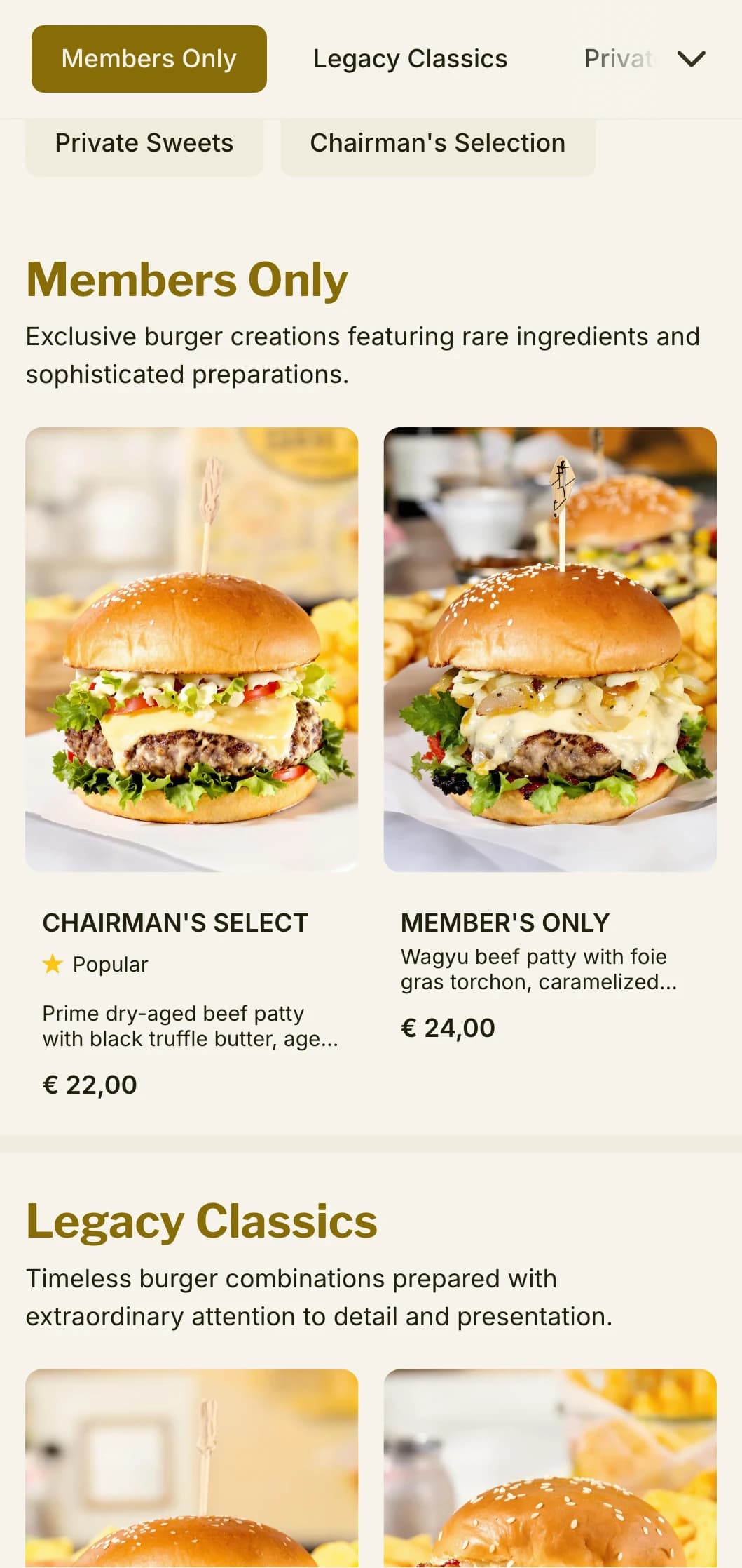 Private club inspired premium burger experience with exclusive atmosphere and refined service.