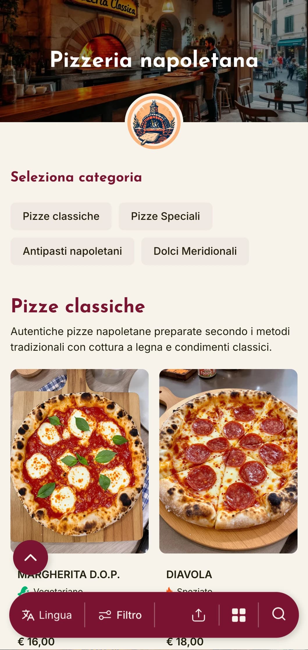 Design vivace con colori caldi ed elementi rustici che celebrano la tradizione della pizza di Napoli e l'atmosfera del Sud Italia.