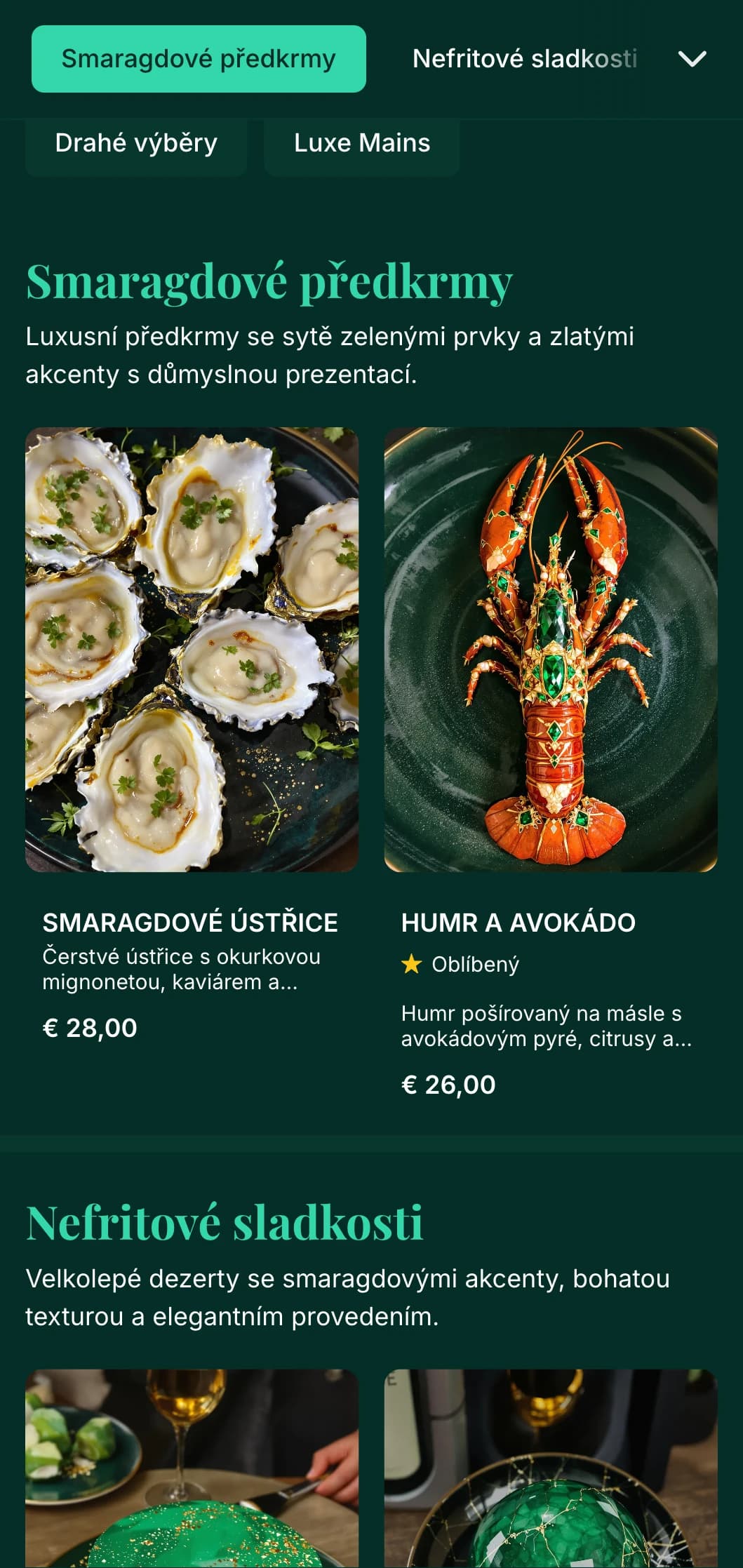 Luxusní večeře s bohatými smaragdovými tóny a zlatými akcenty, navržená pro luxusní restaurace.