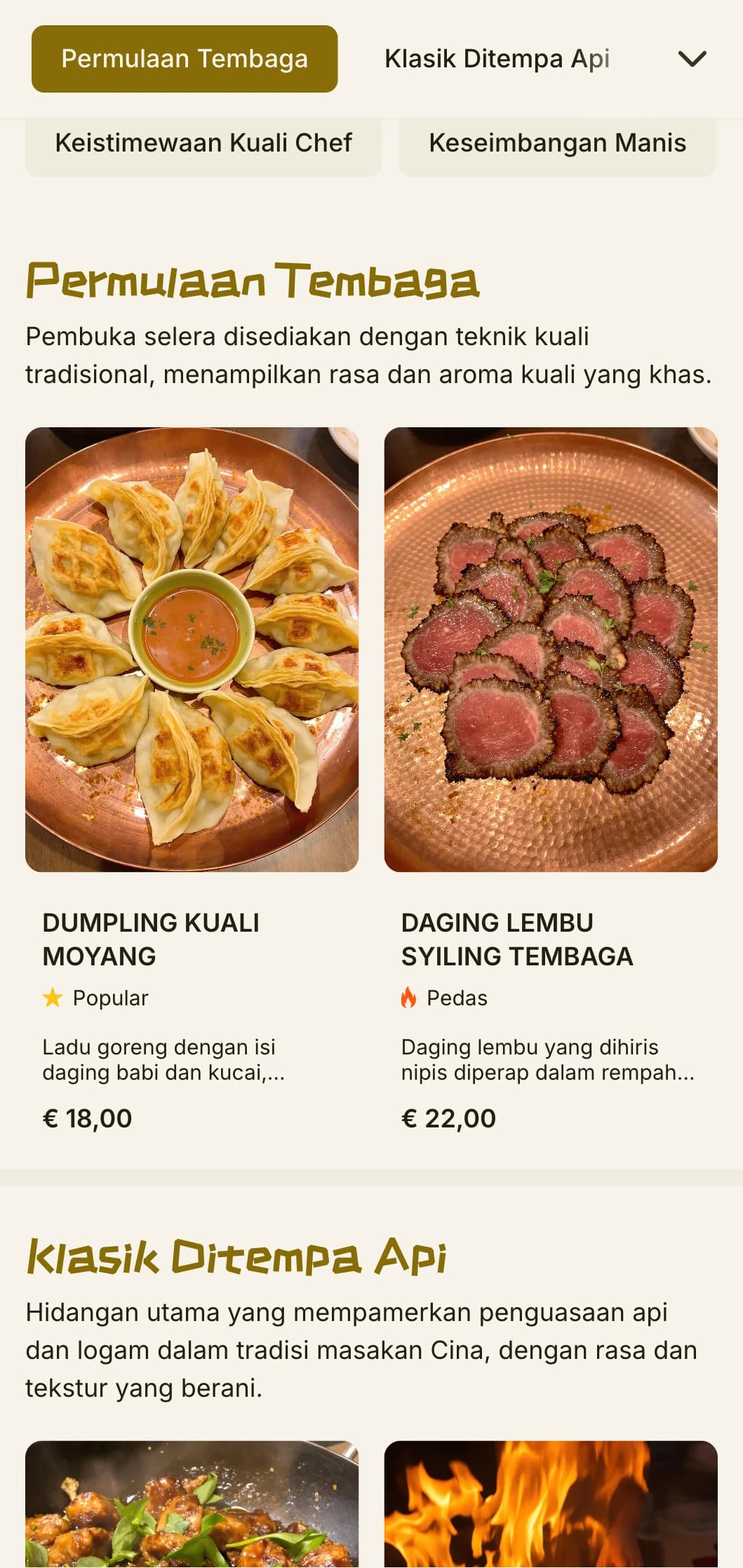 Reka bentuk menu Cina yang hangat diilhamkan oleh masakan kuali tradisional, dengan aksen tembaga dan unsur masakan asli.