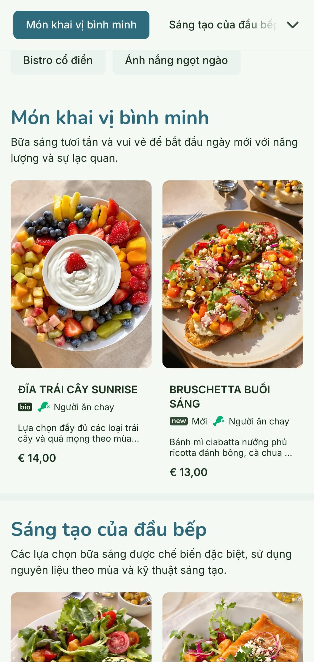 Thực đơn bữa sáng tươi vui, vui tươi với các nguyên liệu tươi ngon, đầy màu sắc trong không gian quán rượu giản dị nhưng tinh tế.