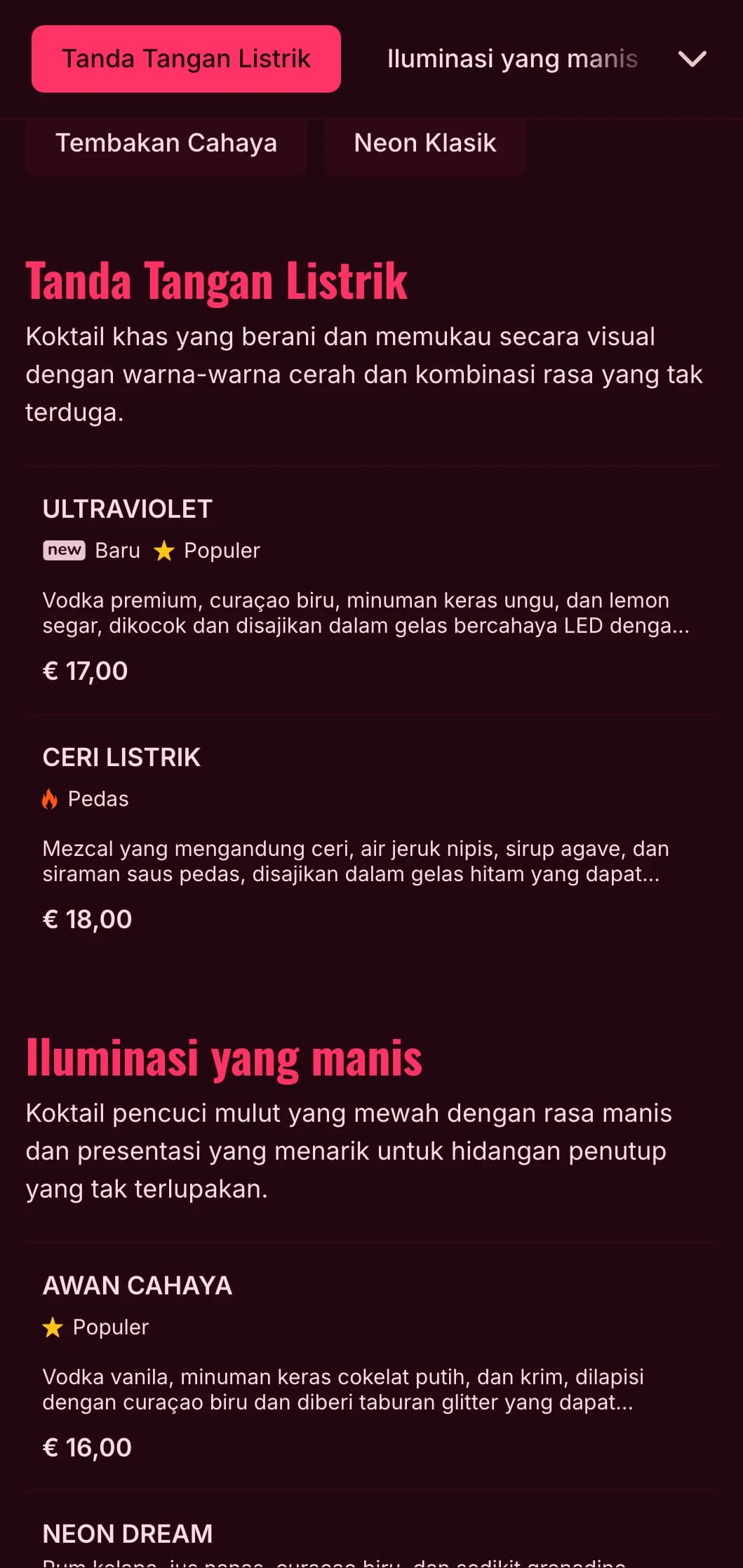 Desain menu yang berani dan semarak yang terinspirasi dari kehidupan malam yang gemerlap, cocok untuk bar koktail dan klub malam kontemporer.