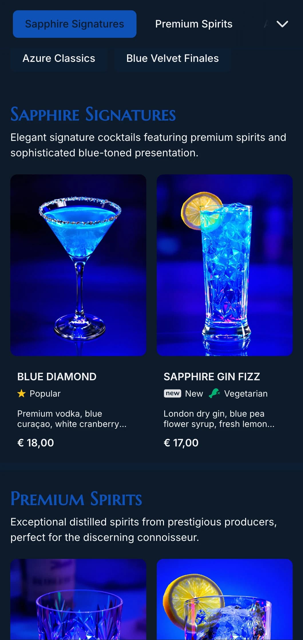 A luxurious, gem-inspired design for upscale cocktail lounges featuring deep blue tones and elegant typography.