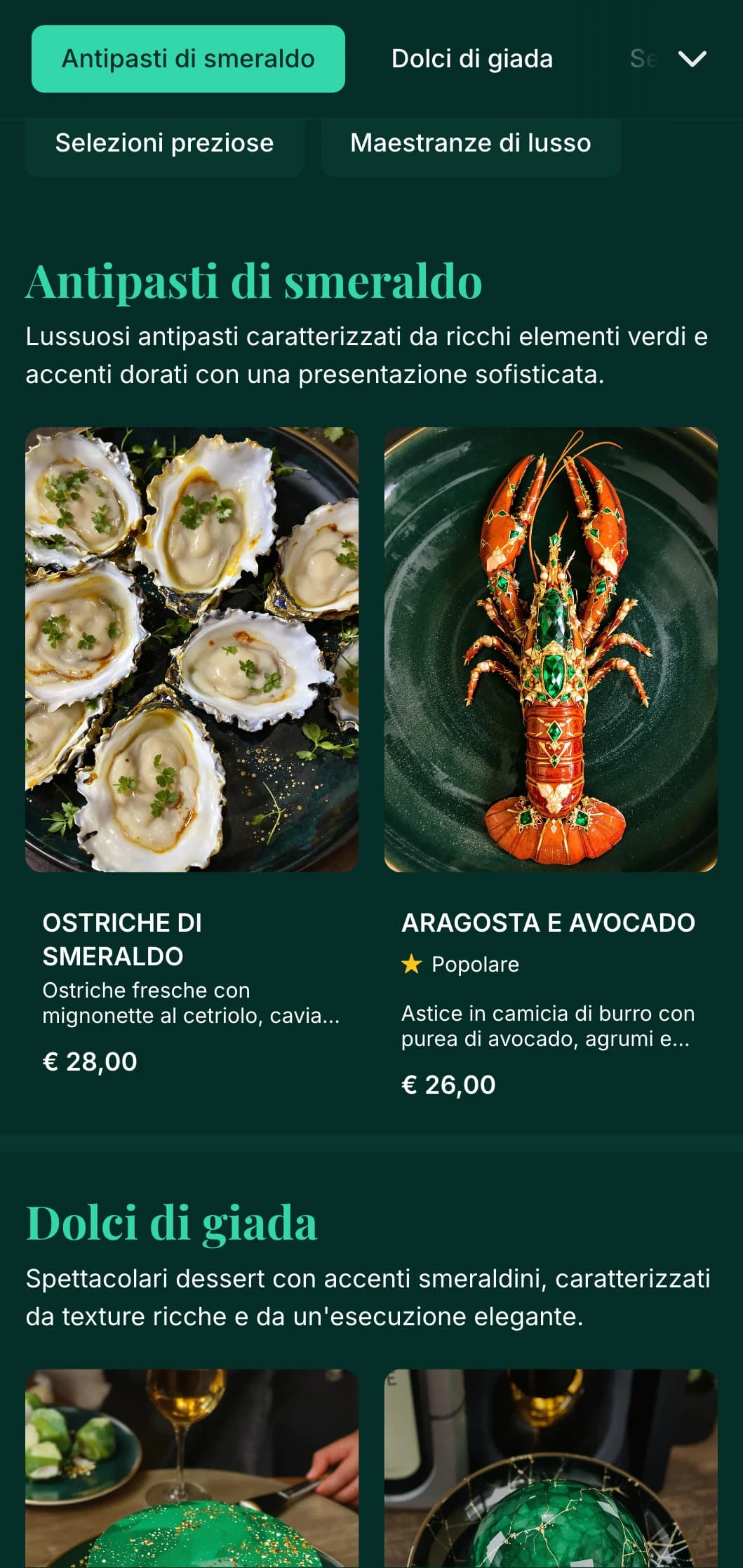 Un lussuoso menu per la cena caratterizzato da ricche tonalità di smeraldo e accenti dorati, pensato per i ristoranti di lusso.