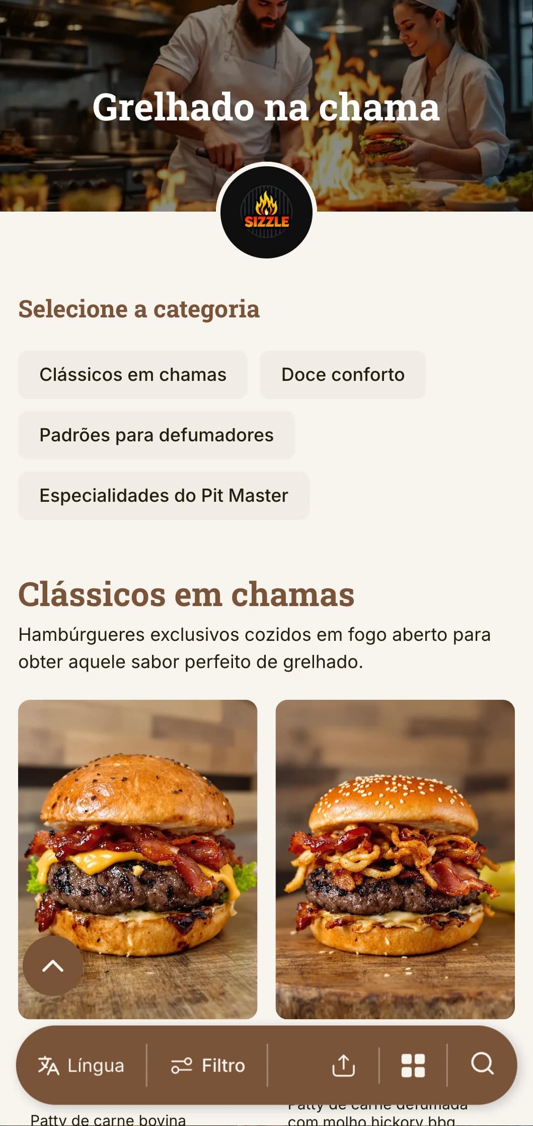 Design arrojado com foco na grelha, com tons quentes de madeira e toques de chama para uma autêntica experiência de hambúrguer grelhado na brasa.