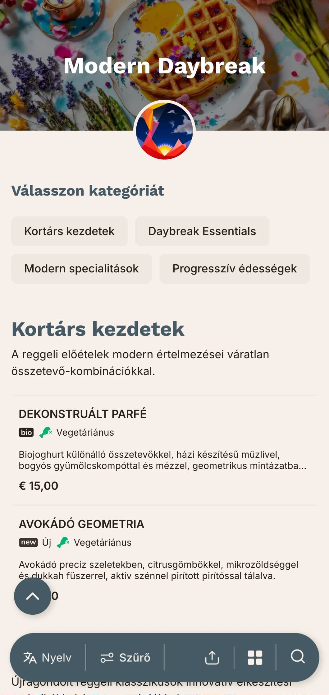 Kortárs reggeli ajánlatok innovatív technikákkal és váratlan ízkombinációkkal a kalandvágyó korán kelők számára.
