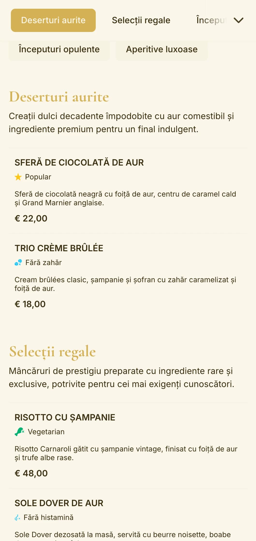 Design opulent cu tematică aurie, care emană lux și exclusivitate, perfect pentru localuri de lux și mese pentru ocazii speciale.