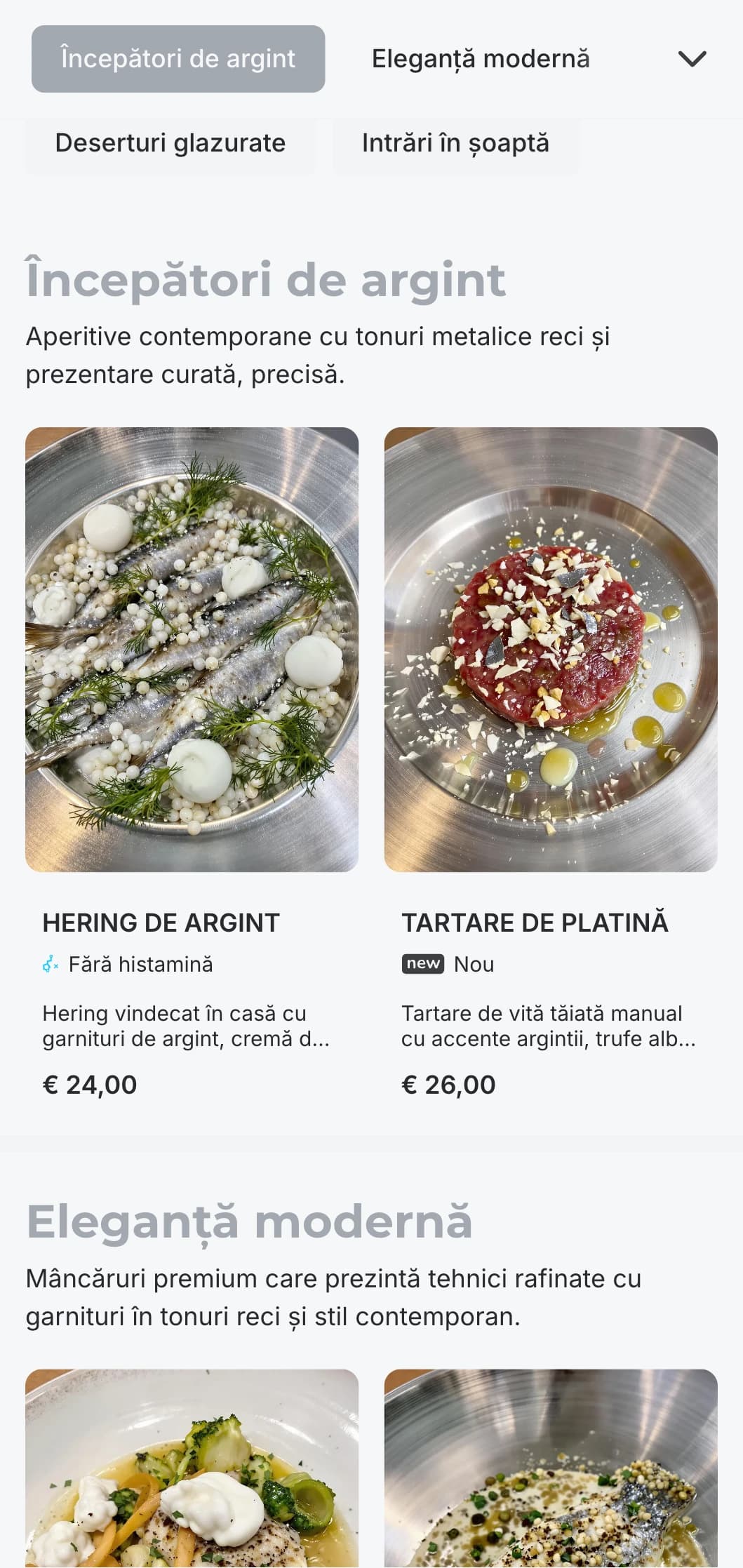 Concept modern sofisticat cu tonuri argintii reci și elemente de lux subtile pentru o experiență elegantă și discretă.