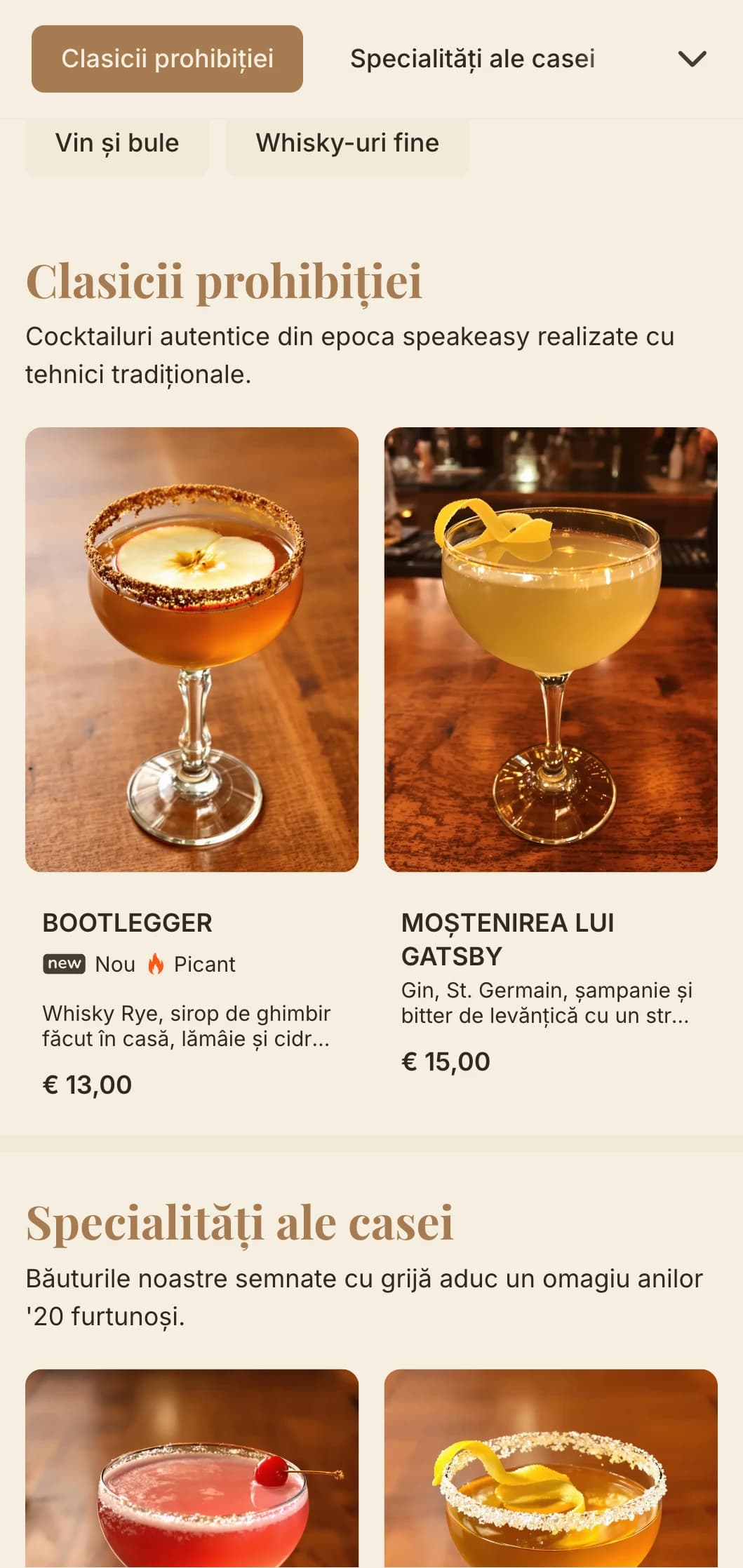 Design clasic inspirat din era prohibiției, cu tonuri calde de maro și tipografie elegantă.