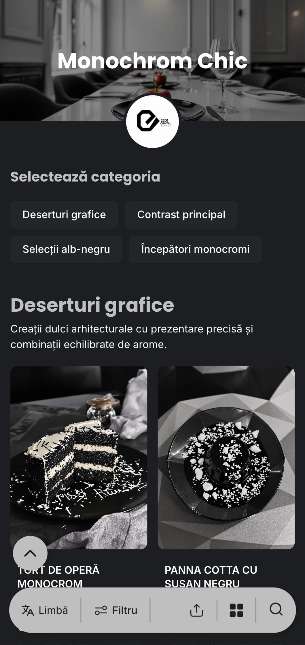 Un meniu de cină sofisticat, alb-negru, cu tipografie îndrăzneață și linii curate, conceput pentru mesele fine contemporane.