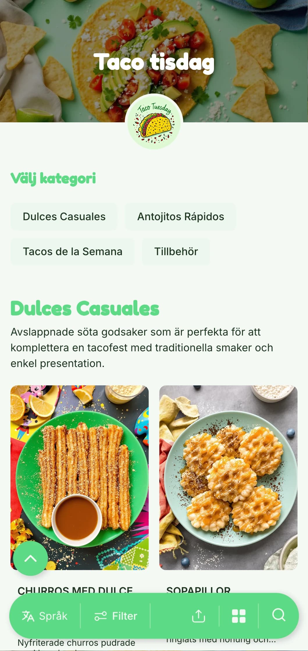 Rolig och avslappnad tacofokuserad meny med ljusgröna accenter, lekfulla illustrationer och kreativa tacovariationer för veckodagarnas specialerbjudanden.