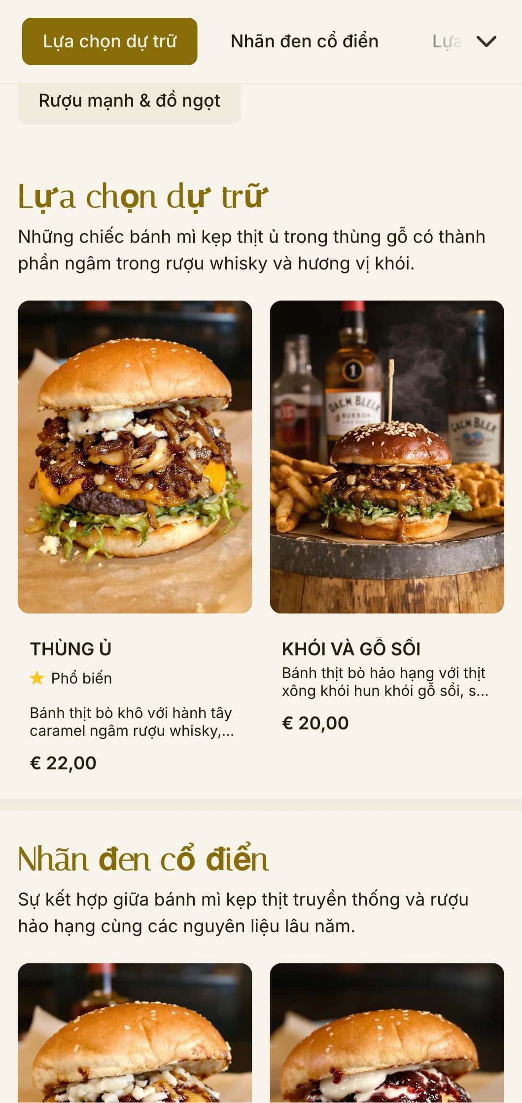 Quầy bar burger cao cấp lấy cảm hứng từ rượu whisky với điểm nhấn bằng gỗ tối màu và da.