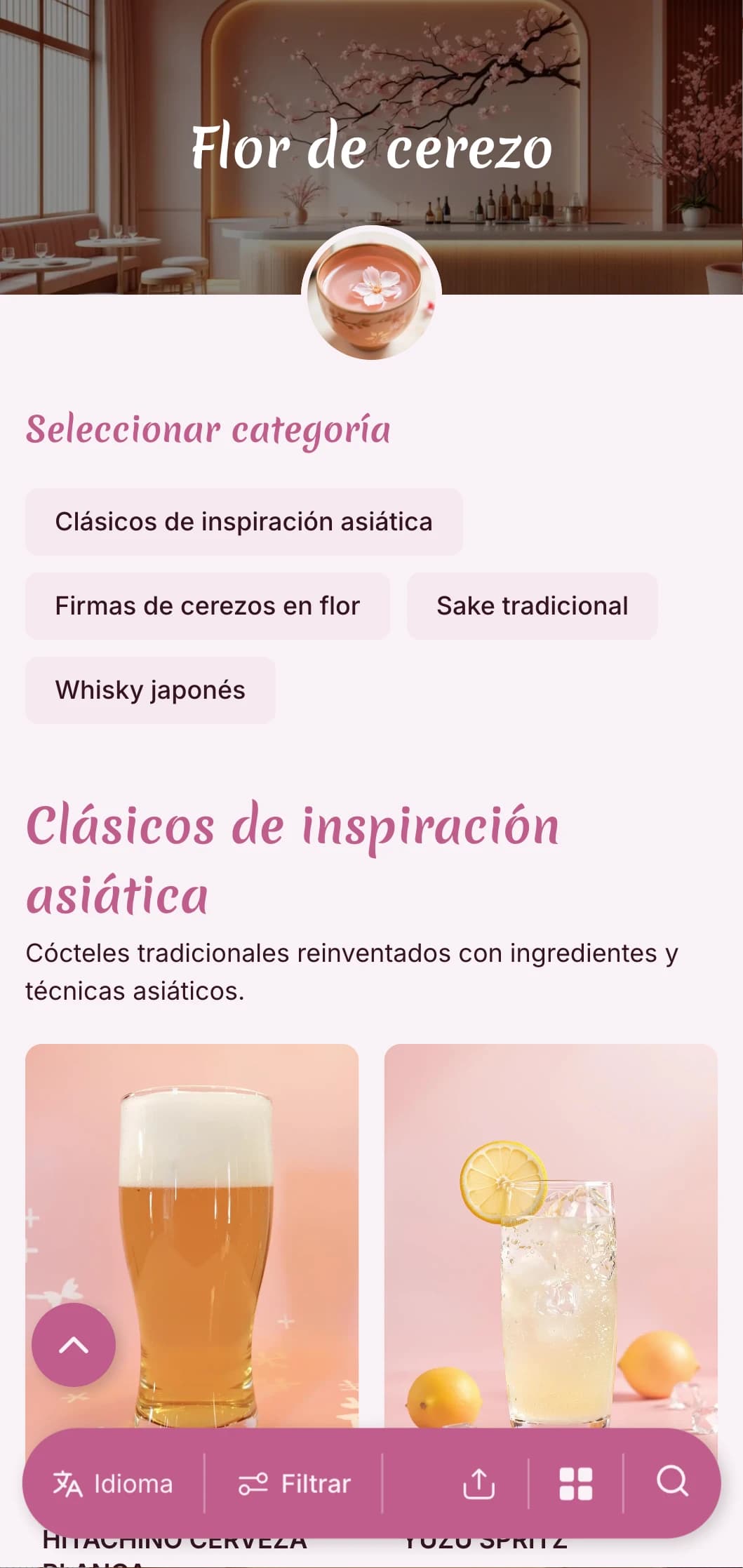 Delicado diseño rosa inspirado en la estética japonesa para bares de sake y fusión asiática.