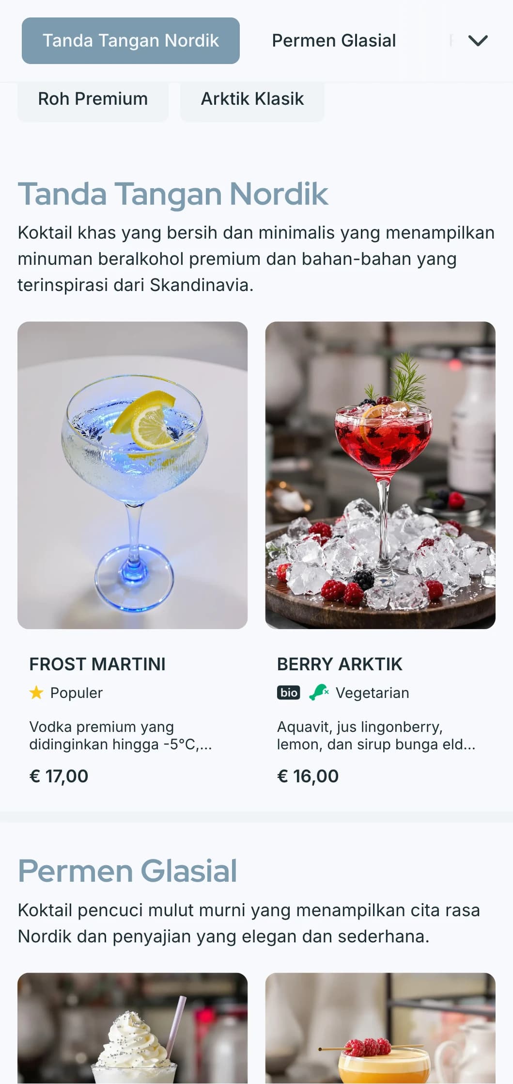 Desain yang bersih dan terinspirasi dari Skandinavia untuk bar dan lounge kontemporer yang menampilkan tipografi minimalis dan warna biru yang sejuk.