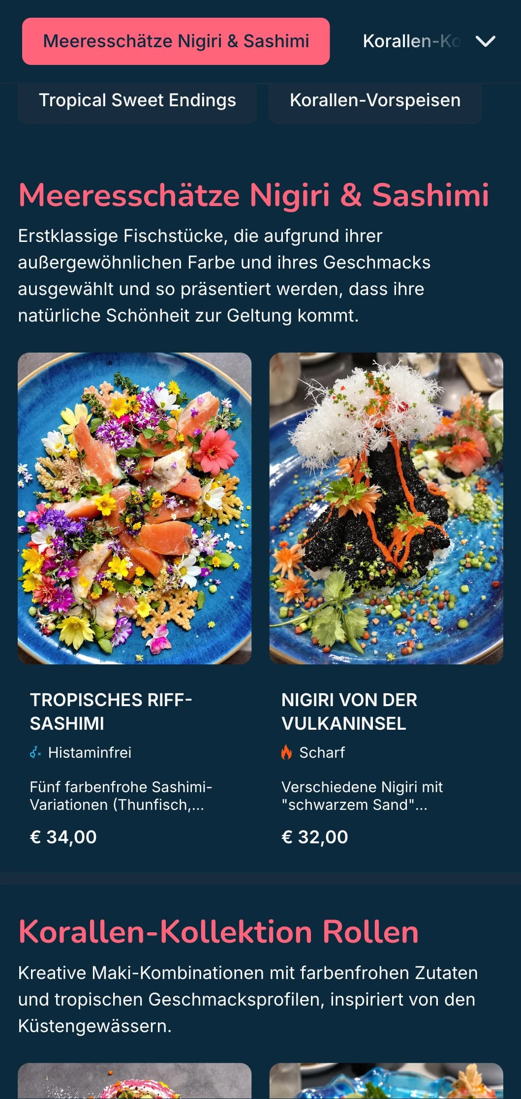 Lebhaftes, vom Meer inspiriertes Sushi-Menü mit korallenroten Akzenten vor tiefblauem Hintergrund, perfekt für Meeresfrüchte-Spezialisten.