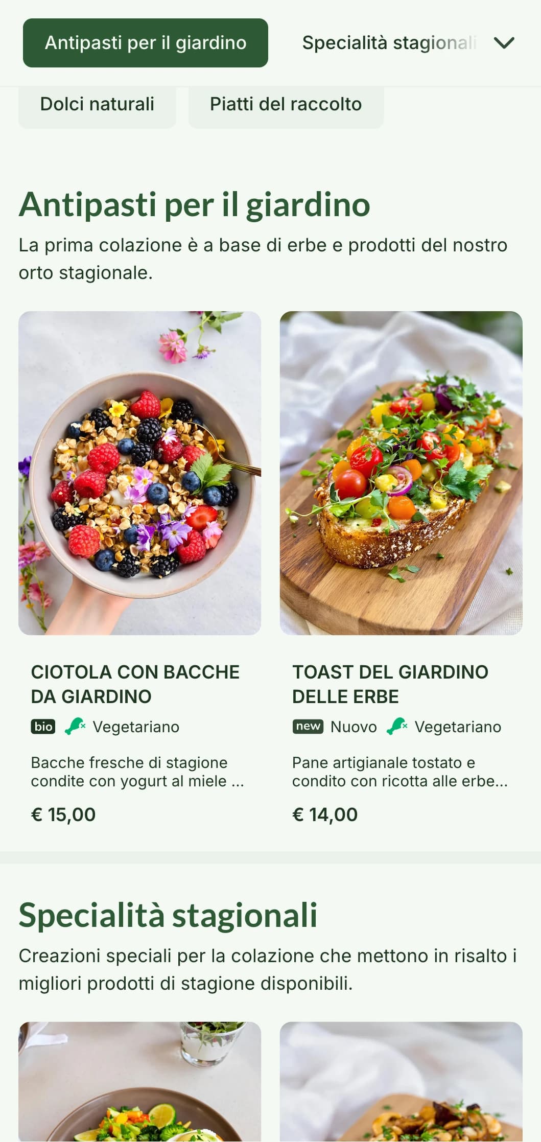 Piatti per la colazione ispirati alla natura con prodotti di stagione e ingredienti biologici in una presentazione rinfrescante.