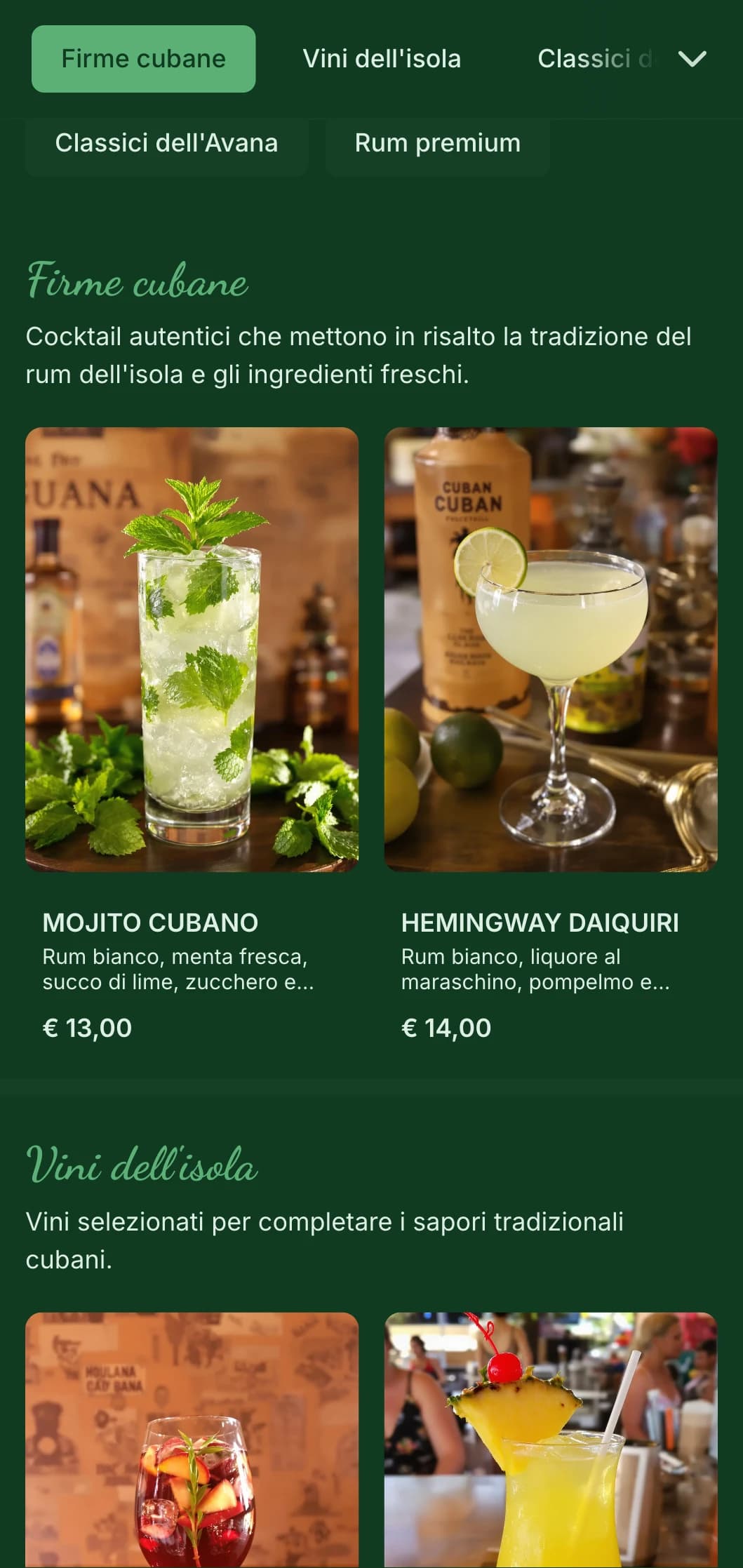 Design verde tropicale con elementi vintage per i rum bar di ispirazione cubana.
