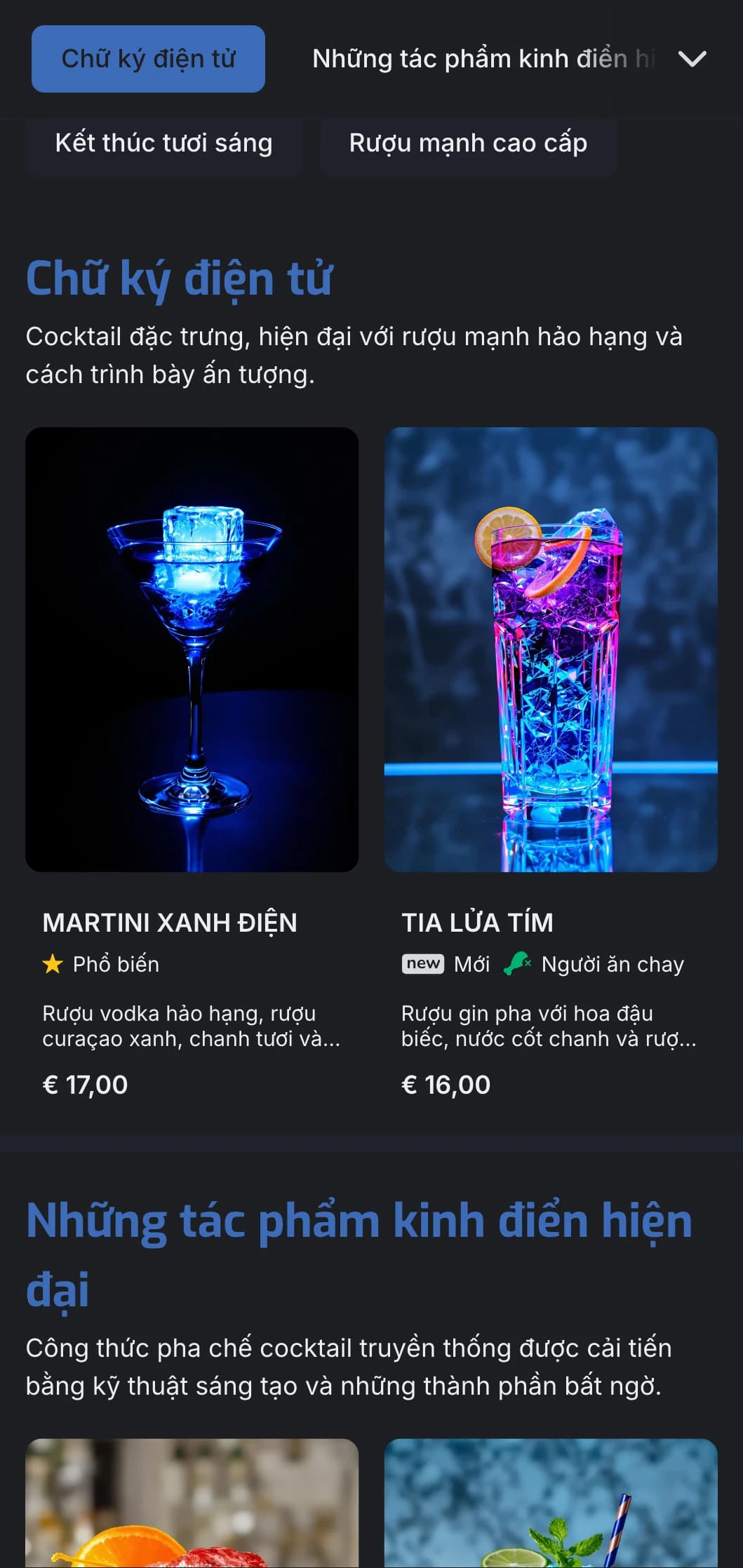 Thiết kế sống động, hiện đại dành cho quầy bar và phòng chờ cocktail hiện đại với điểm nhấn màu xanh lam và kiểu chữ rõ nét.