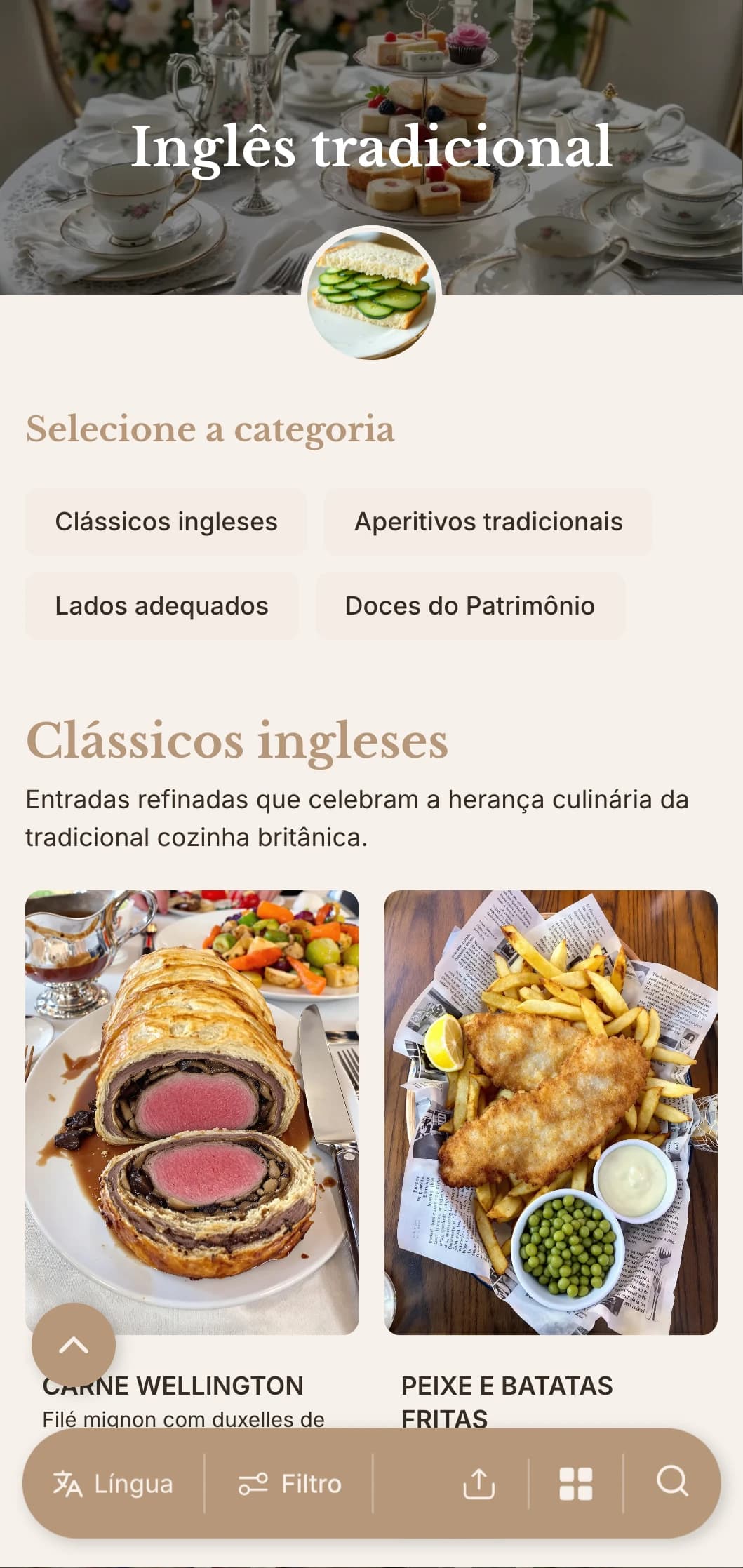 Serviço de bufê clássico de inspiração britânica com receitas tradicionais, serviço adequado e apresentação refinada para eventos de chá da tarde e reuniões formais.