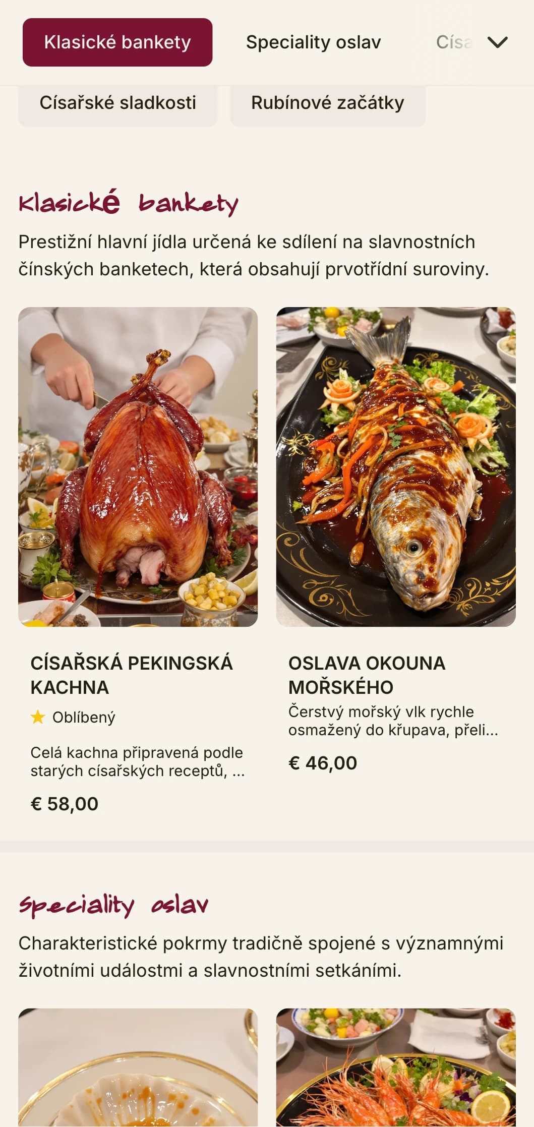 Luxusní čínské menu inspirované císařskými hostinami s rubínovými akcenty pro slavnostní a oslavné pokrmy.