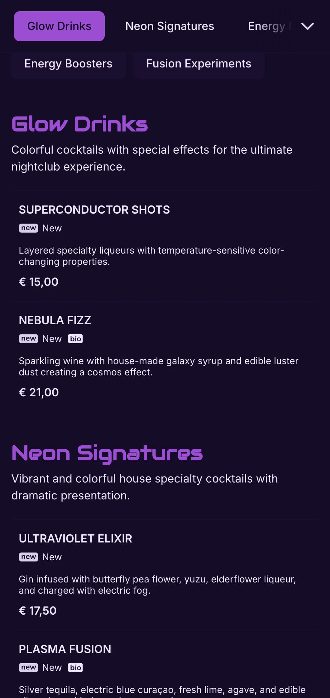 High-contrast purple and black design with neon elements for contemporary cocktail bars.