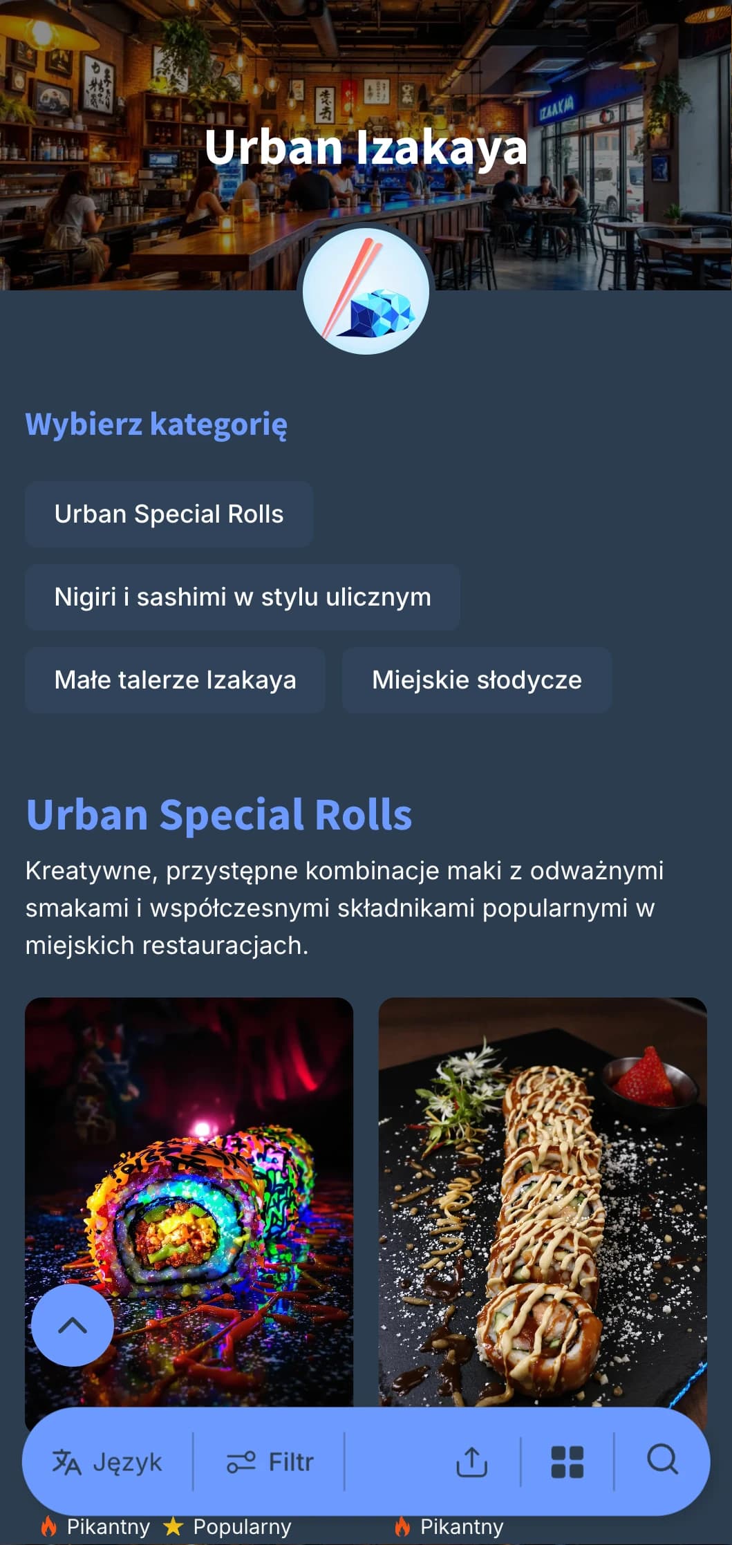 Współczesne menu w stylu japońskiego pubu z miejskim charakterem, z chłodnymi błękitami w połączeniu z głębokim granatem.
