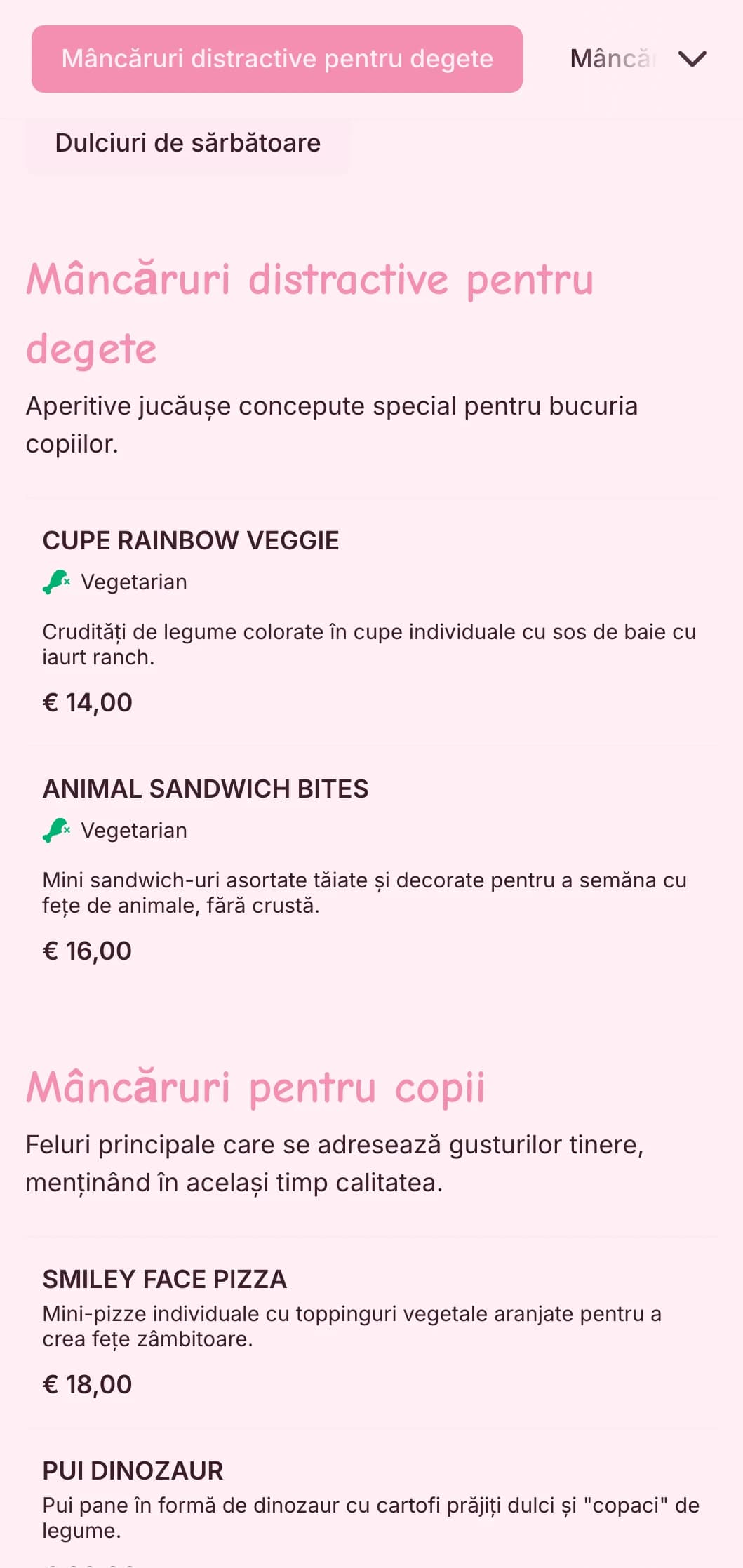 Catering amuzant, colorat, conceput special pentru evenimente pentru copii, cu o prezentare jucăușă, opțiuni pentru copii și stații alimentare interactive.