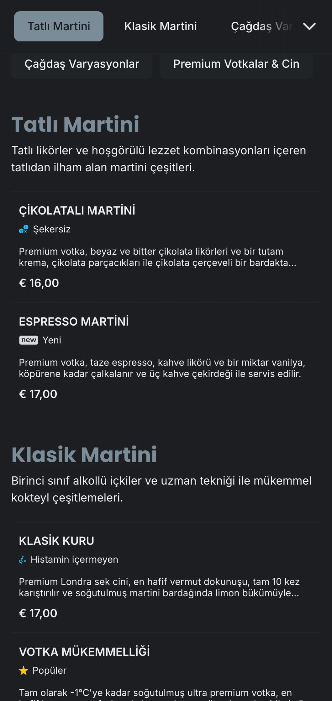 Şık tipografi ve soğuk gri tonlarıyla martini barları ve lounge'lar için sofistike, kentsel bir menü tasarımı.