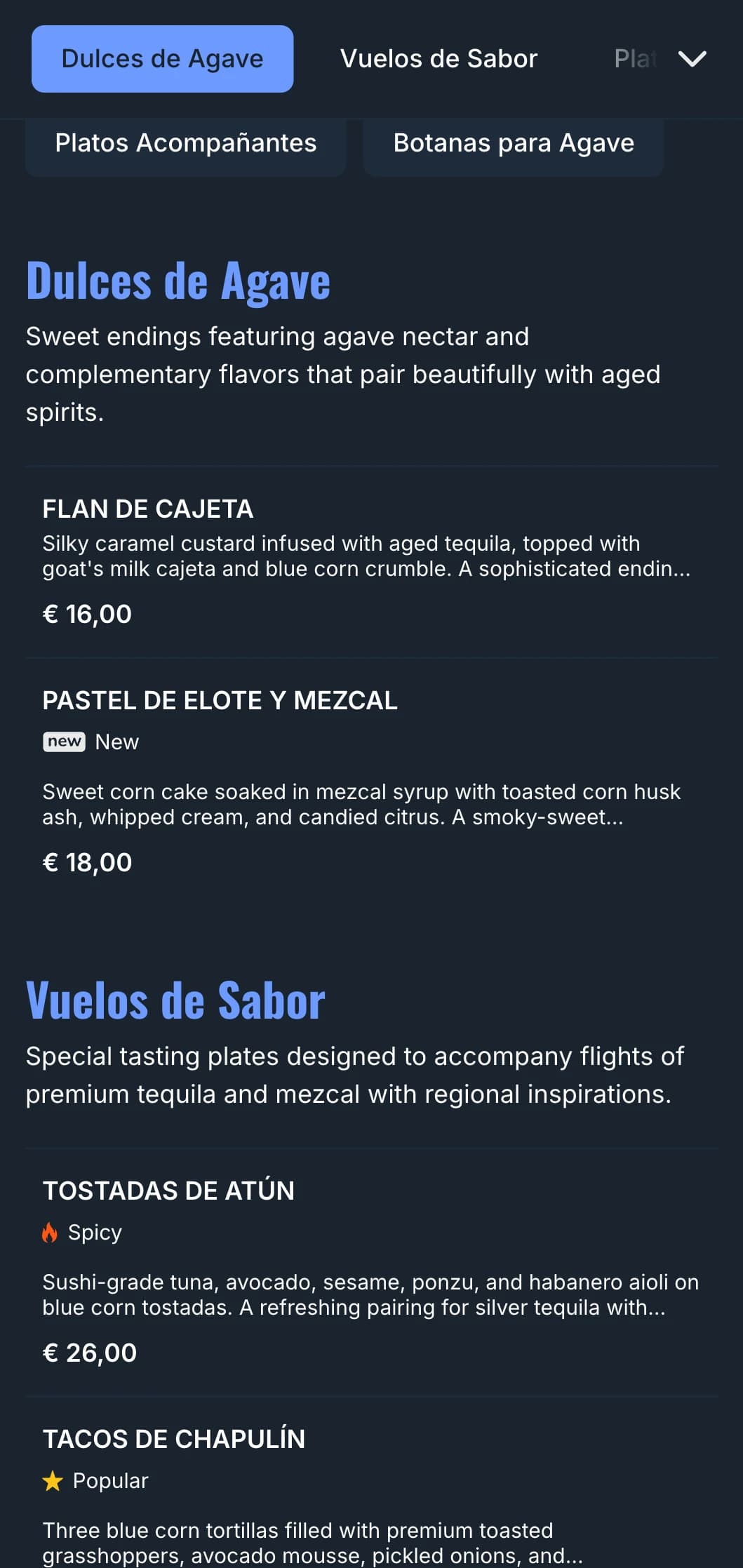 Sophisticated bar menu focused on premium tequila and mezcal offerings with blue agave accents, smoke elements, and paired Mexican antojitos.