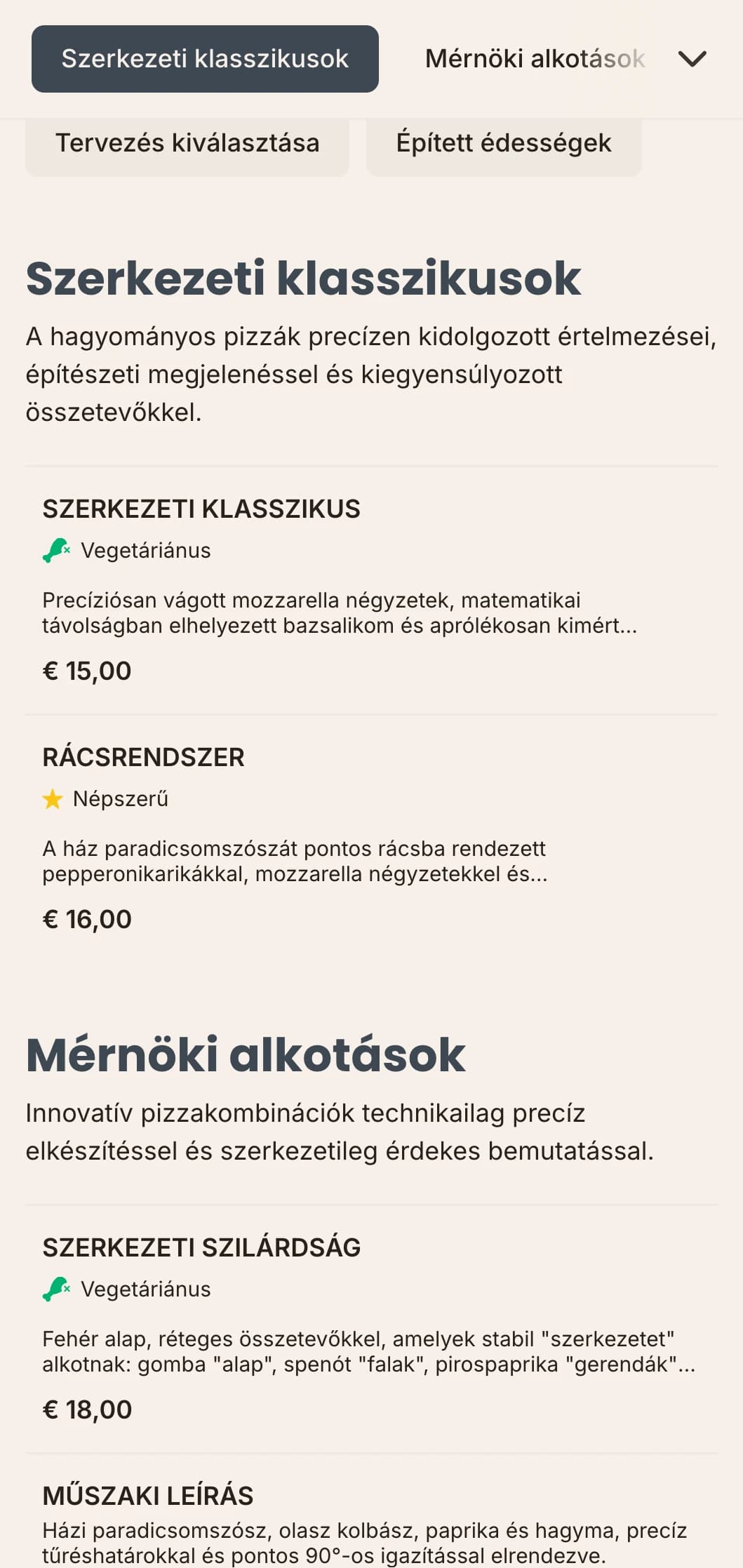 Építészeti ihletésű pizzamenü precíz elrendezéssel és technikai esztétikával.