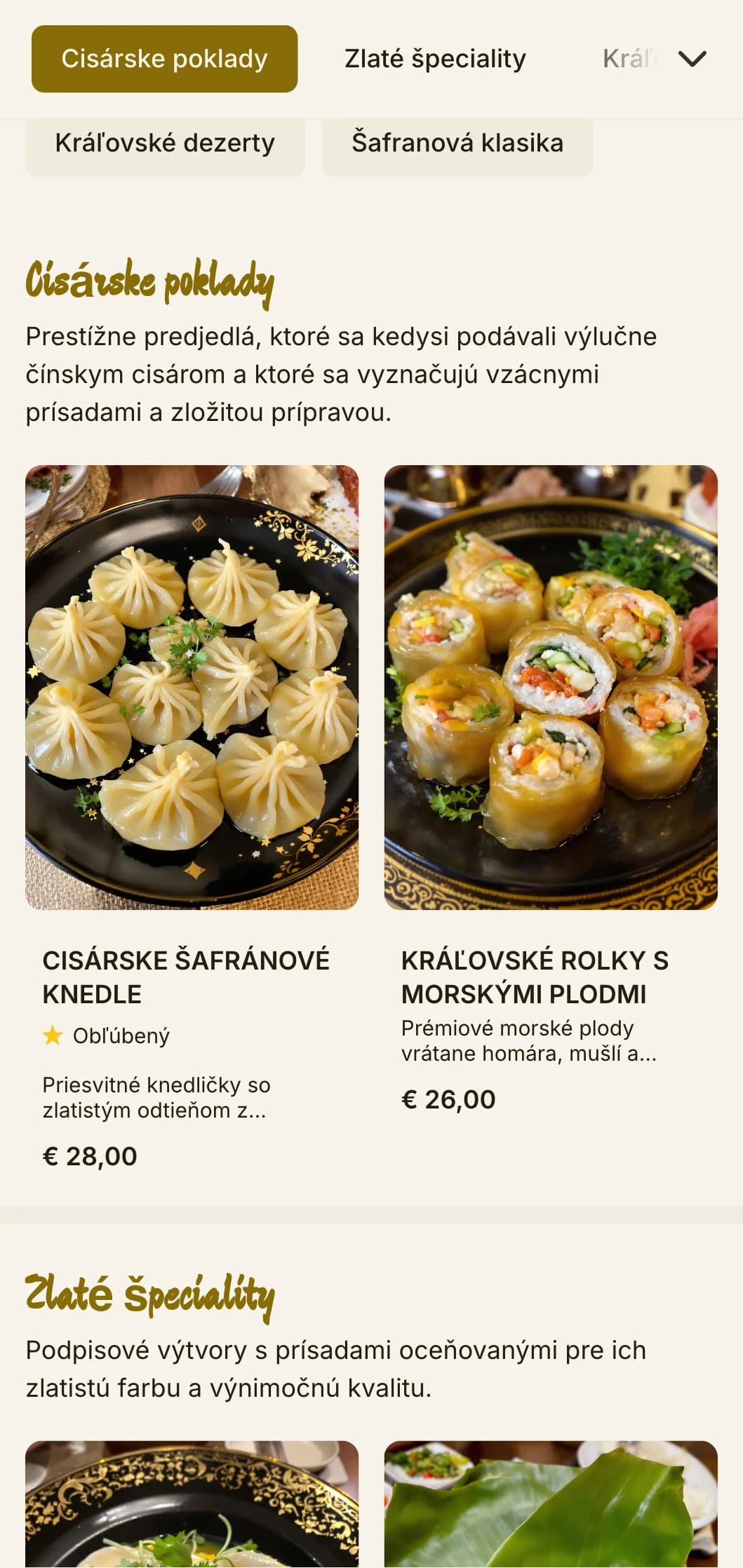 Luxusný dizajn čínskeho menu inšpirovaný cisárskymi šafránovými farbami s bohatými prvkami pre zážitky z kráľovskej kuchyne.