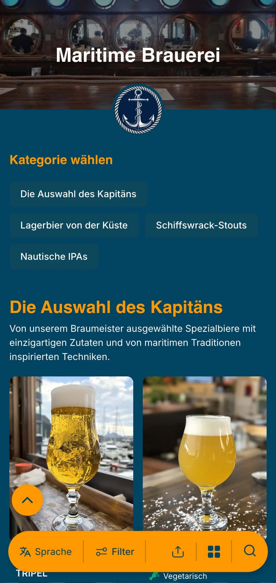 Nautische Vorlage mit Blautönen und Seefahrerelementen, perfekt für Küstenbrauereien und Hafenkneipen.