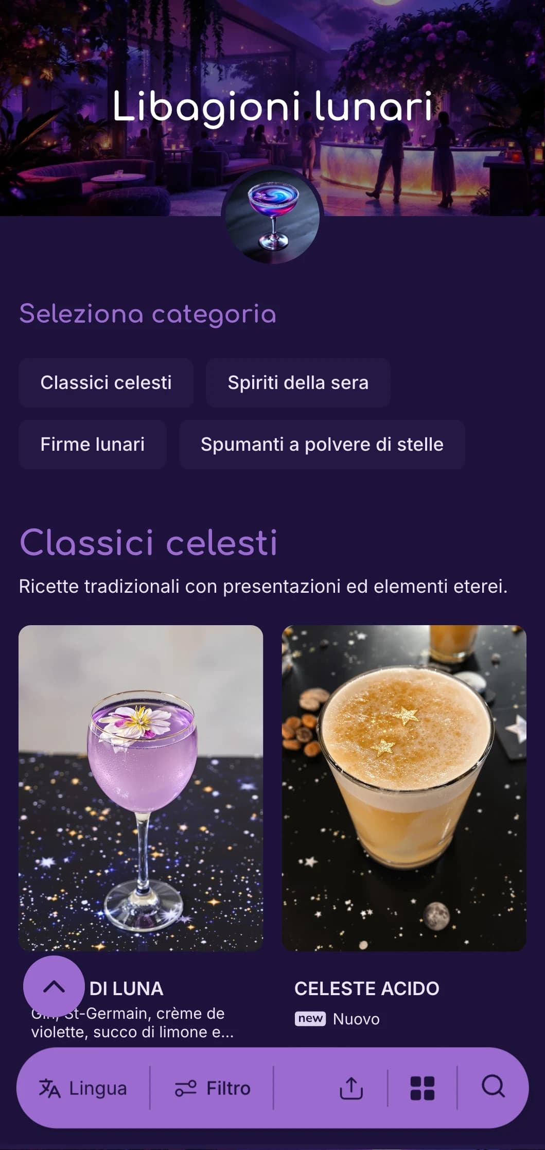 Sognante design viola con fasi lunari per cocktail bar a tema notturno.