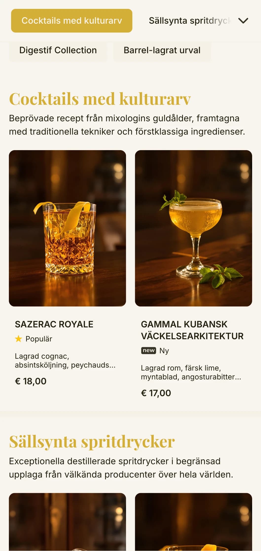 En klassisk barmeny som för tankarna till cocktailsens guldålder med vintagetypografi och eleganta gulddetaljer på en gräddfärgad bakgrund.