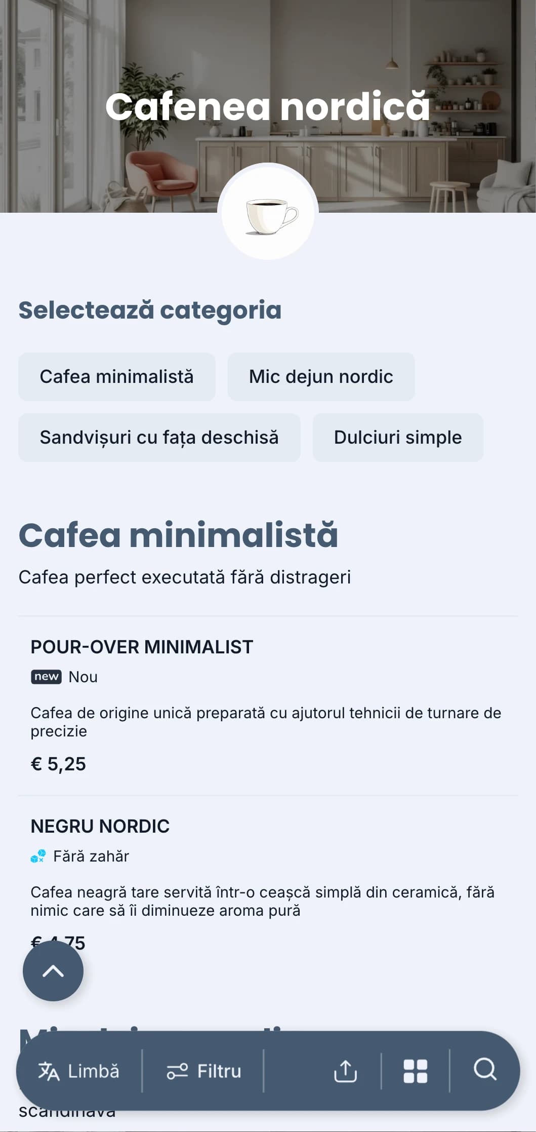 Design curat de inspirație scandinavă cu tonuri reci de albastru pentru cafenele moderne minimaliste.