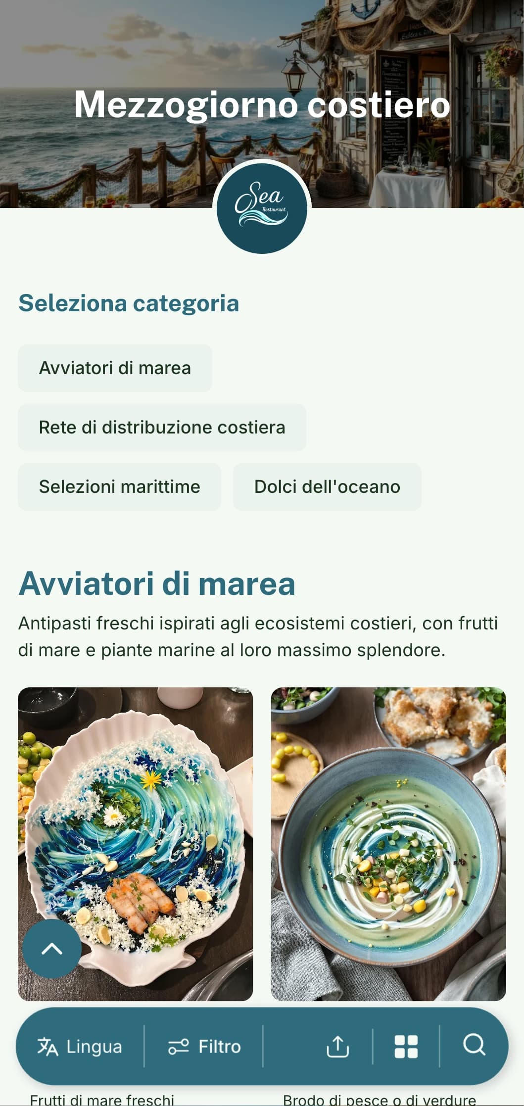 Design fresco e di ispirazione marittima per il menu del pranzo, con elementi costieri e riferimenti all'oceano, ideale per i ristoranti sul mare e le trattorie in riva al mare.