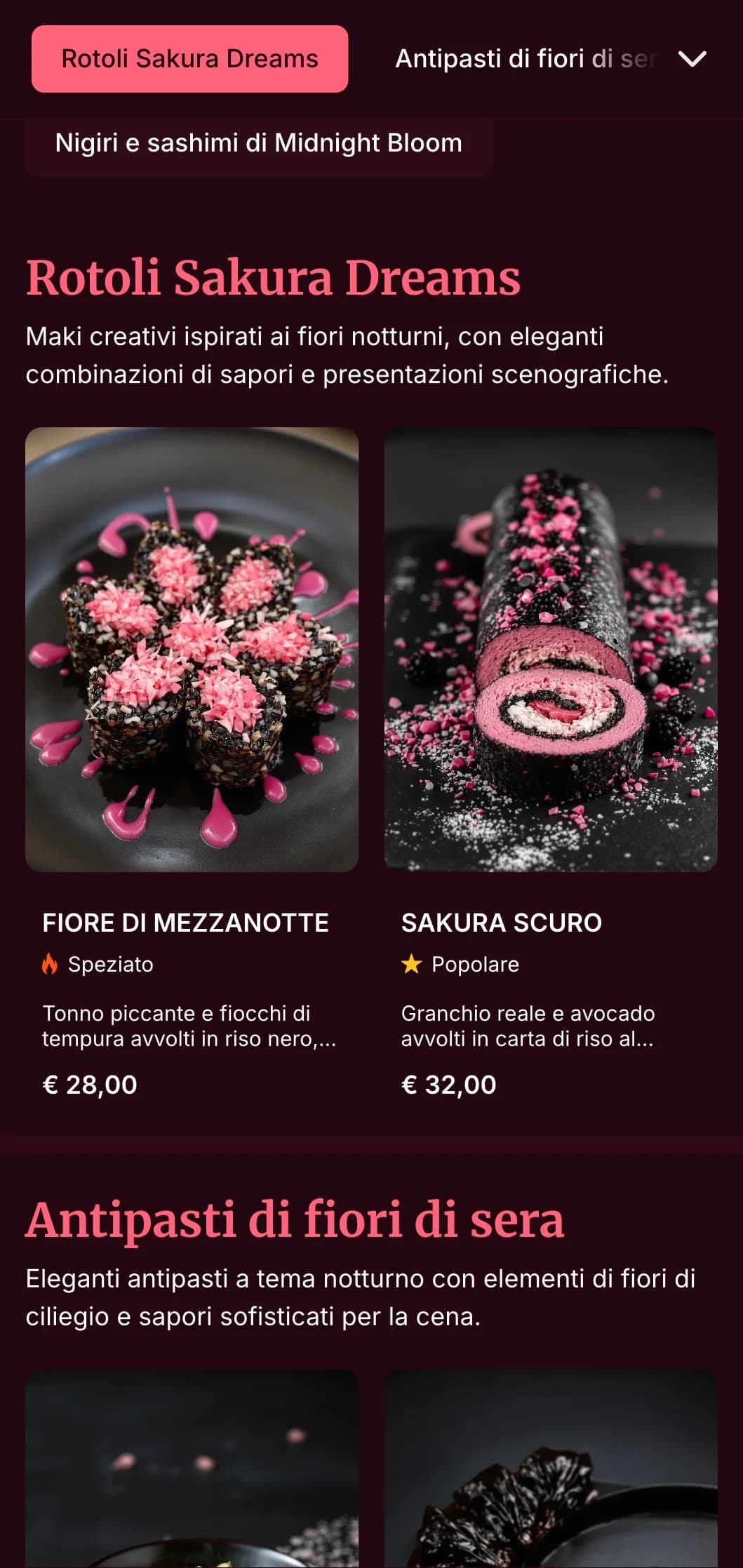 Elegante esperienza di sushi serale con motivi di fiori di ciliegio su sfondo bordeaux intenso per una cena di alto livello.