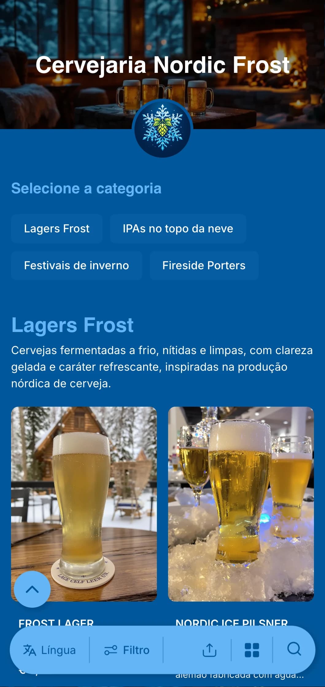 Design fresco e nítido com tema de inverno, com tons de azul gelado e detalhes de flocos de neve, ideal para cardápios de cerveja sazonais de inverno.