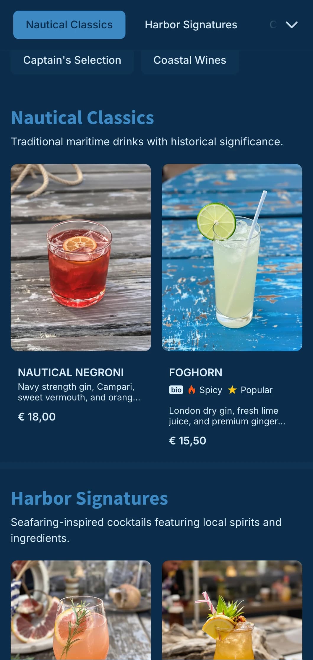 Nautical blue design with subtle maritime elements for waterfront cocktail bars.