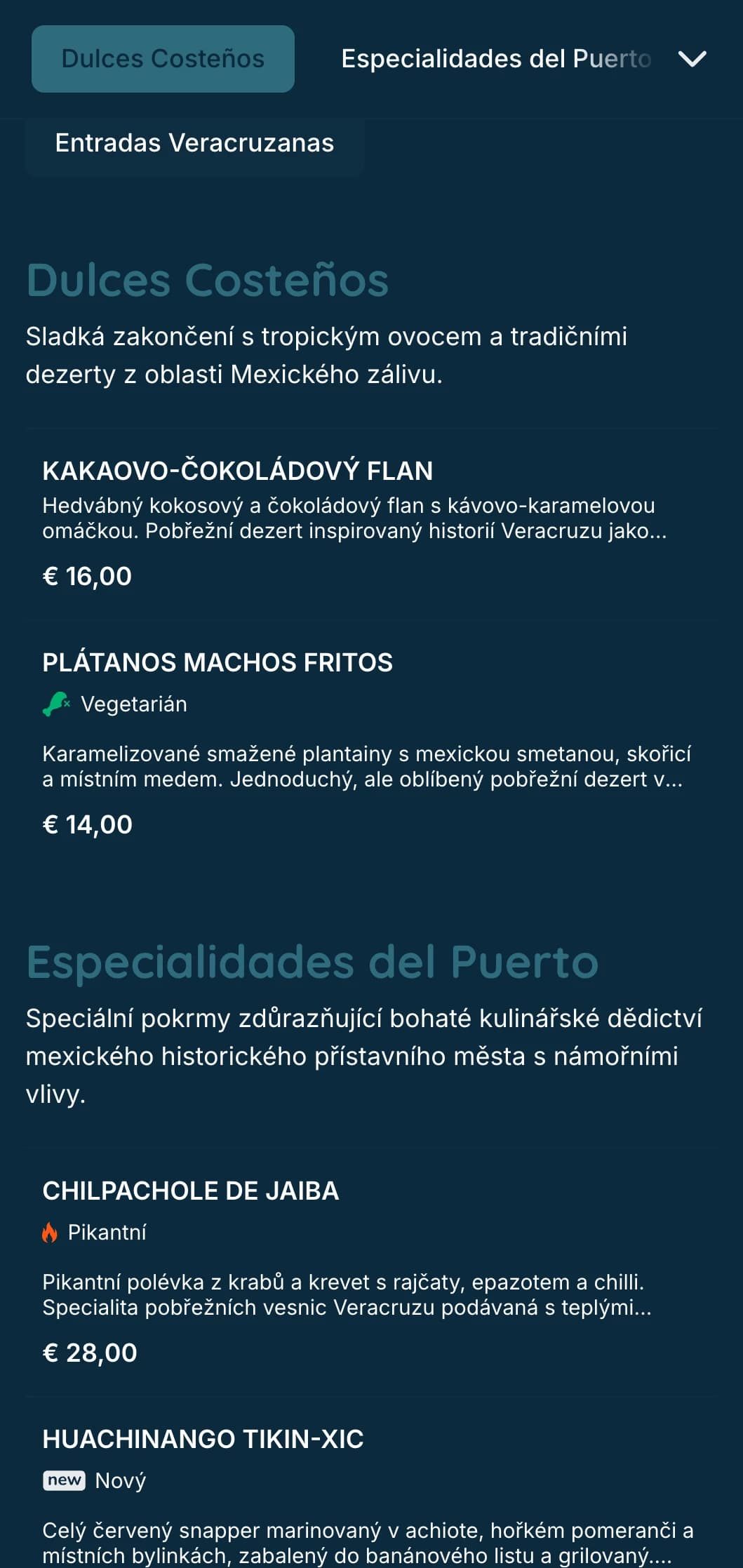 Svěží a chutné pobřežní menu představující veracruzské speciality z mořských plodů s tyrkysovými akcenty, obrázky pobřeží a charakteristickými úpravami ryb.